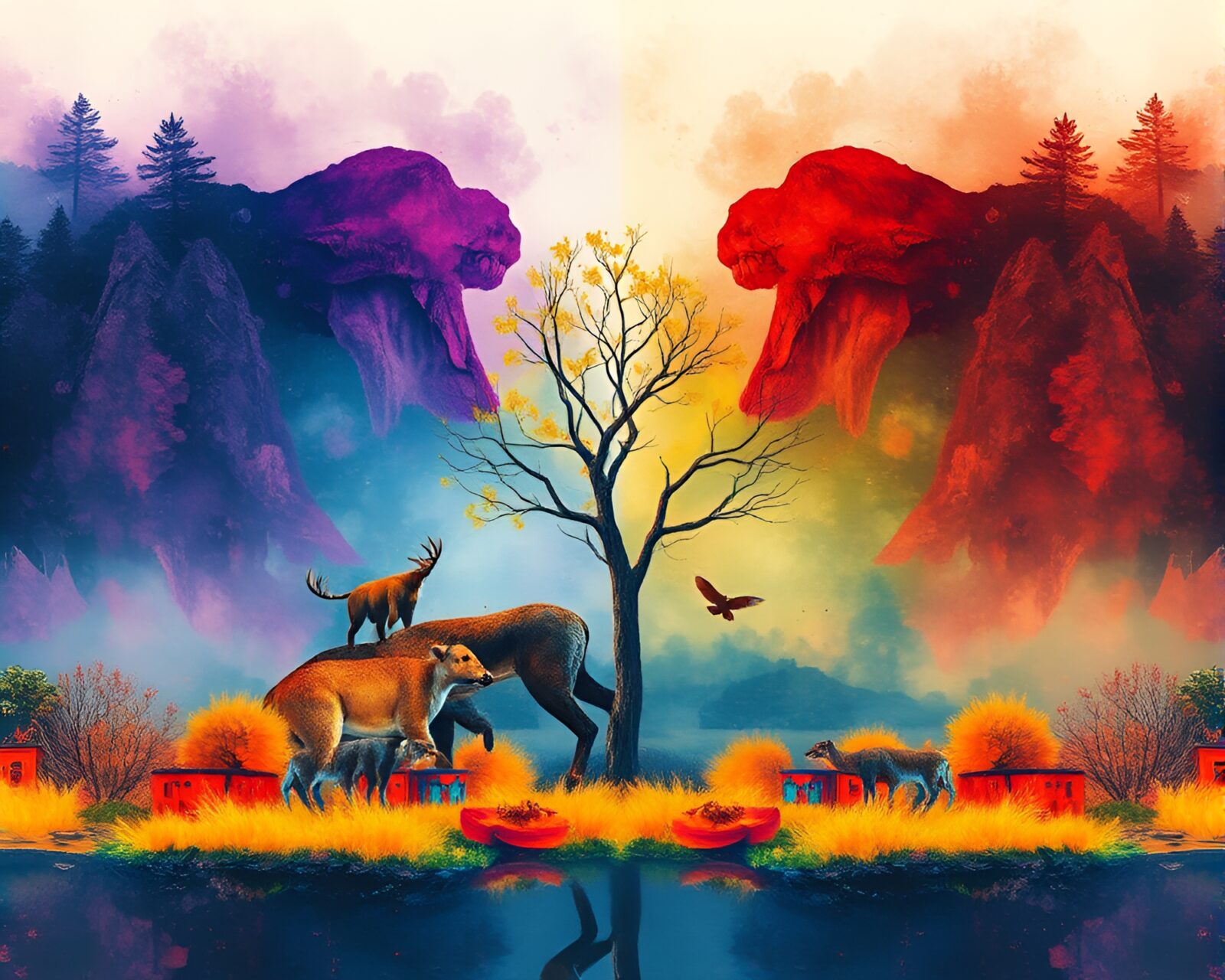 Surreal illustration of animals between thermal dimensions in watercolor