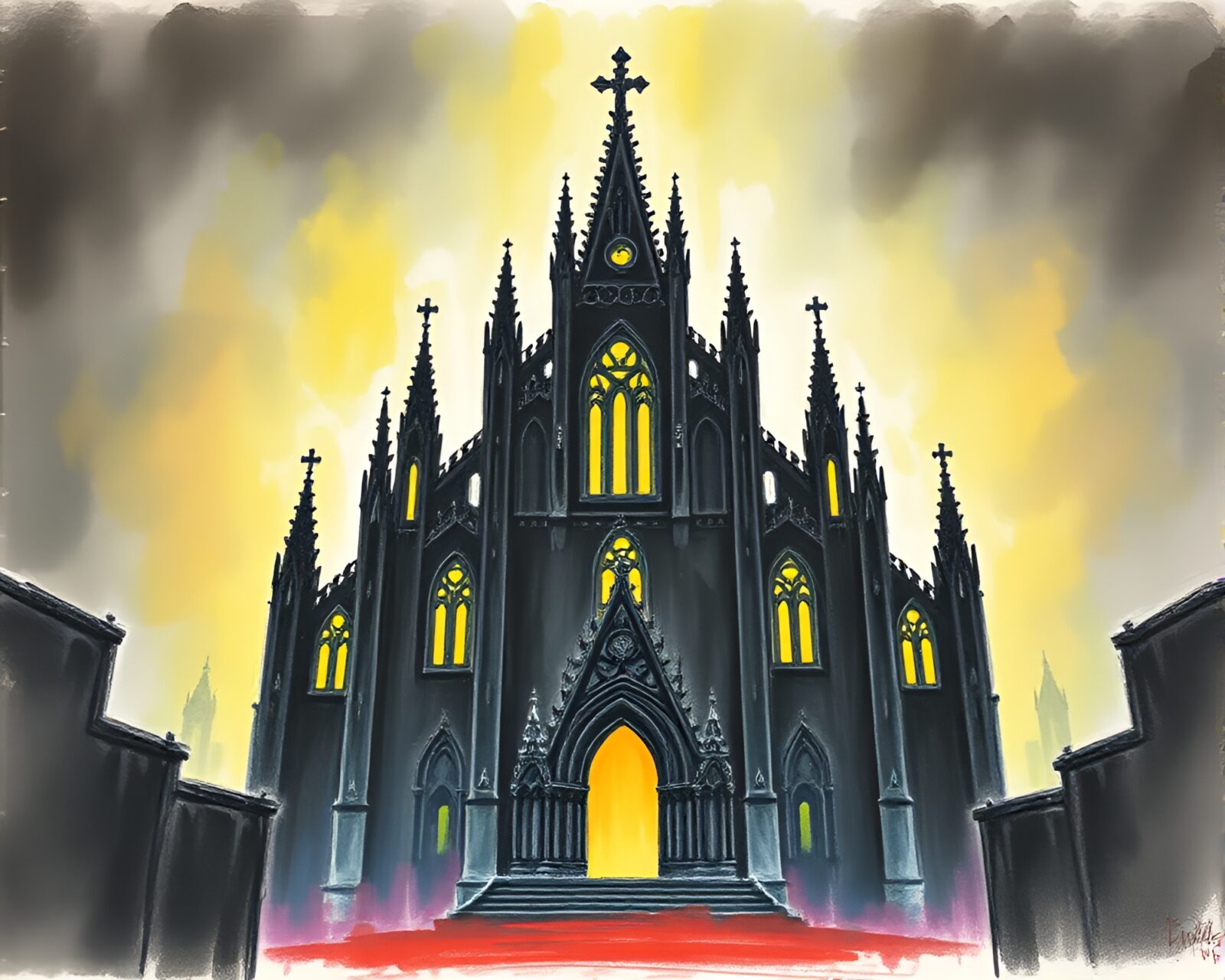 Majestic cathedral with glowing sorcery aura against dark sky