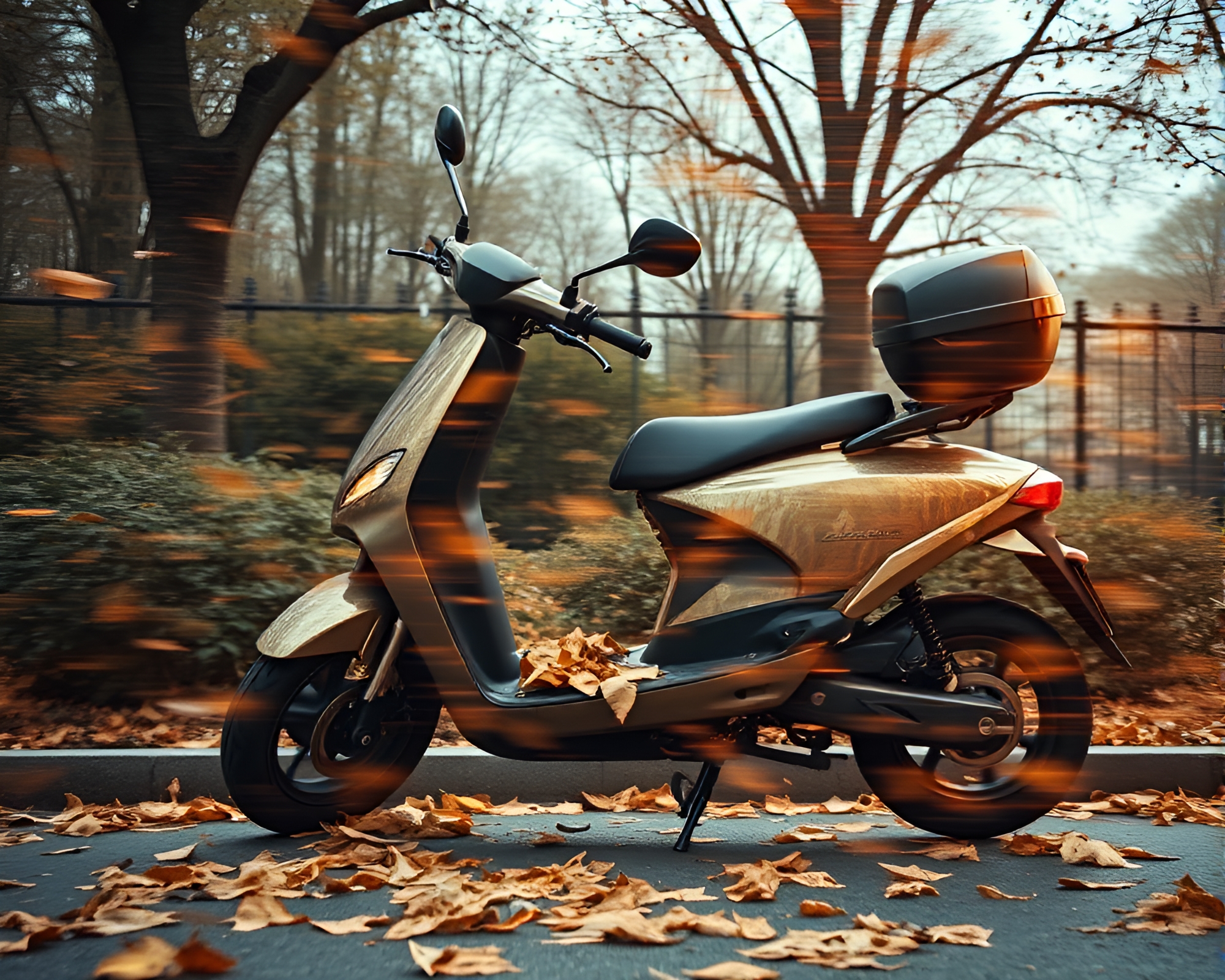 Electric Scooter Double Exposure with Rose Gold Leaf Litter – free AI stock image
