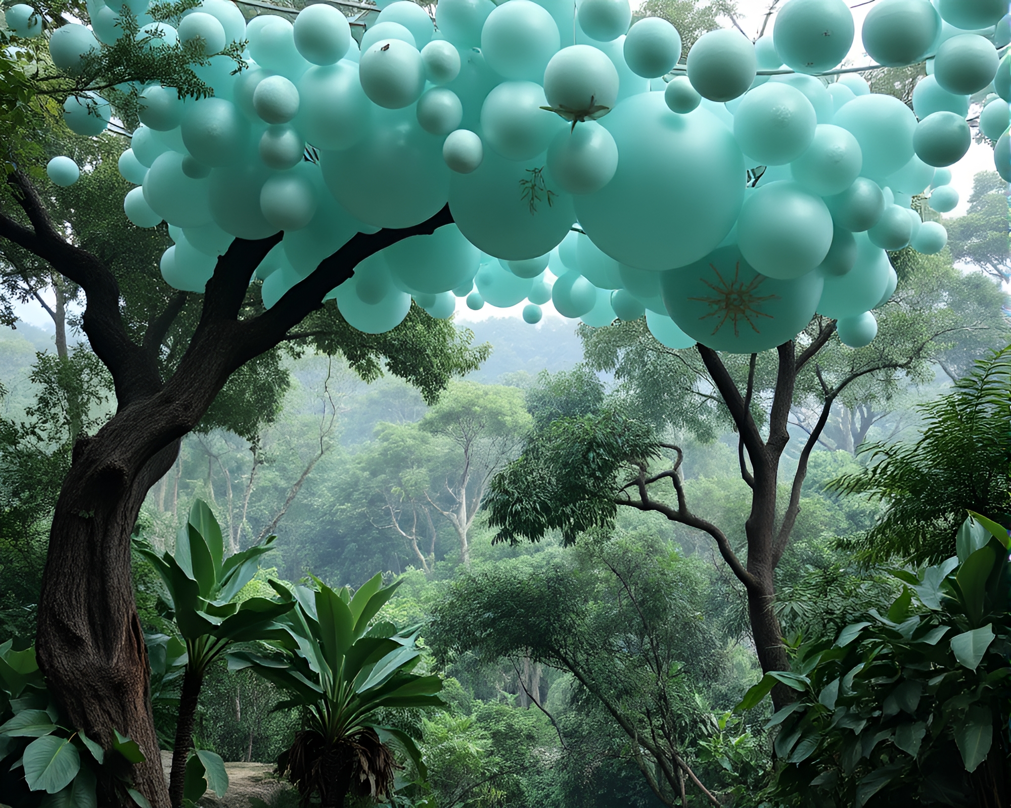 Bubble Cluster Burst in Rainforest Canopy – free AI stock image