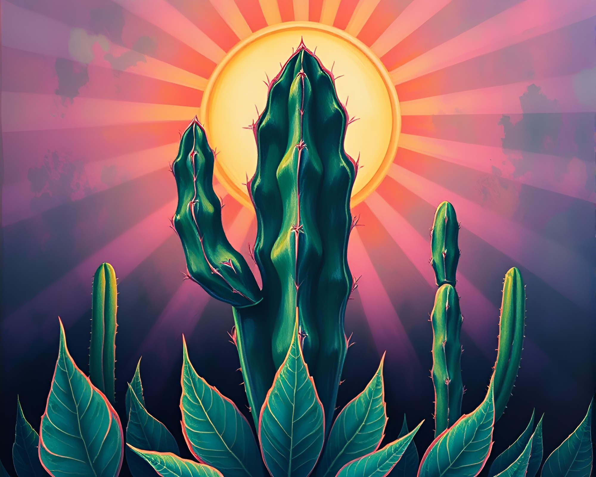Vibrant Neon Cactus Illuminated by Ethereal God Rays – free AI stock image