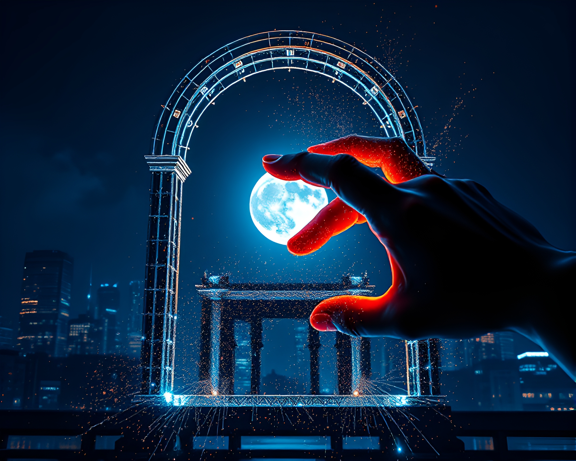 Ethereal Cybernetic Hand in Moonlit Architectural Frame – free AI stock image