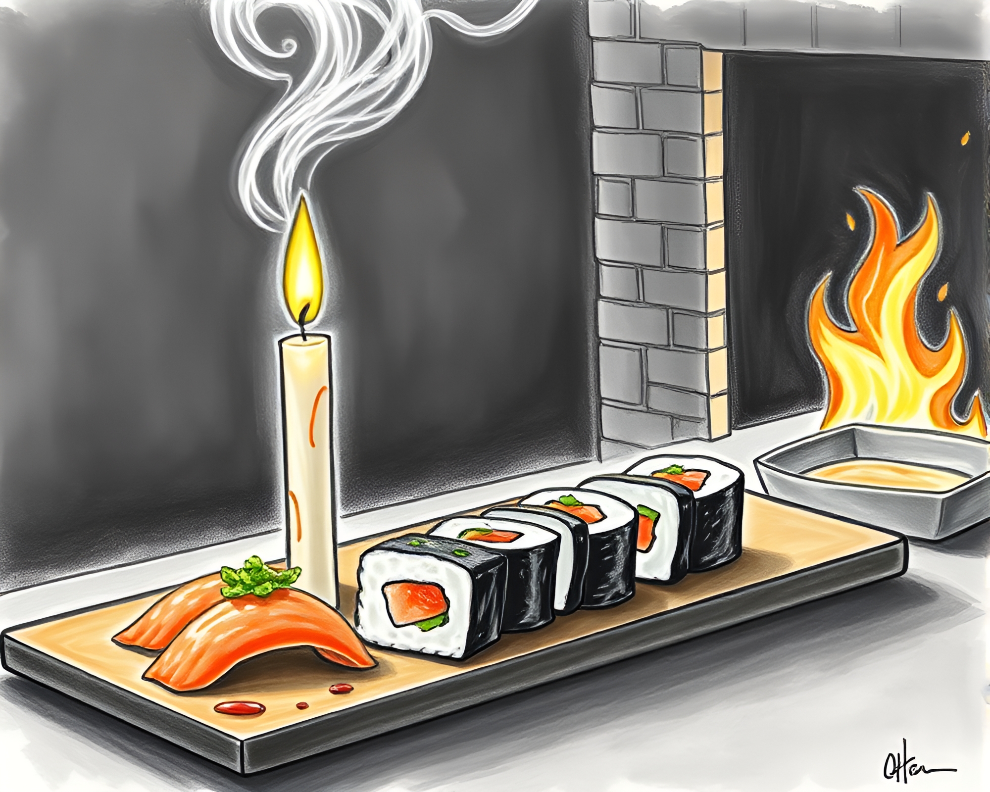 Sushi Platter by Candlelight in Conté Crayon Drawing – free AI stock image