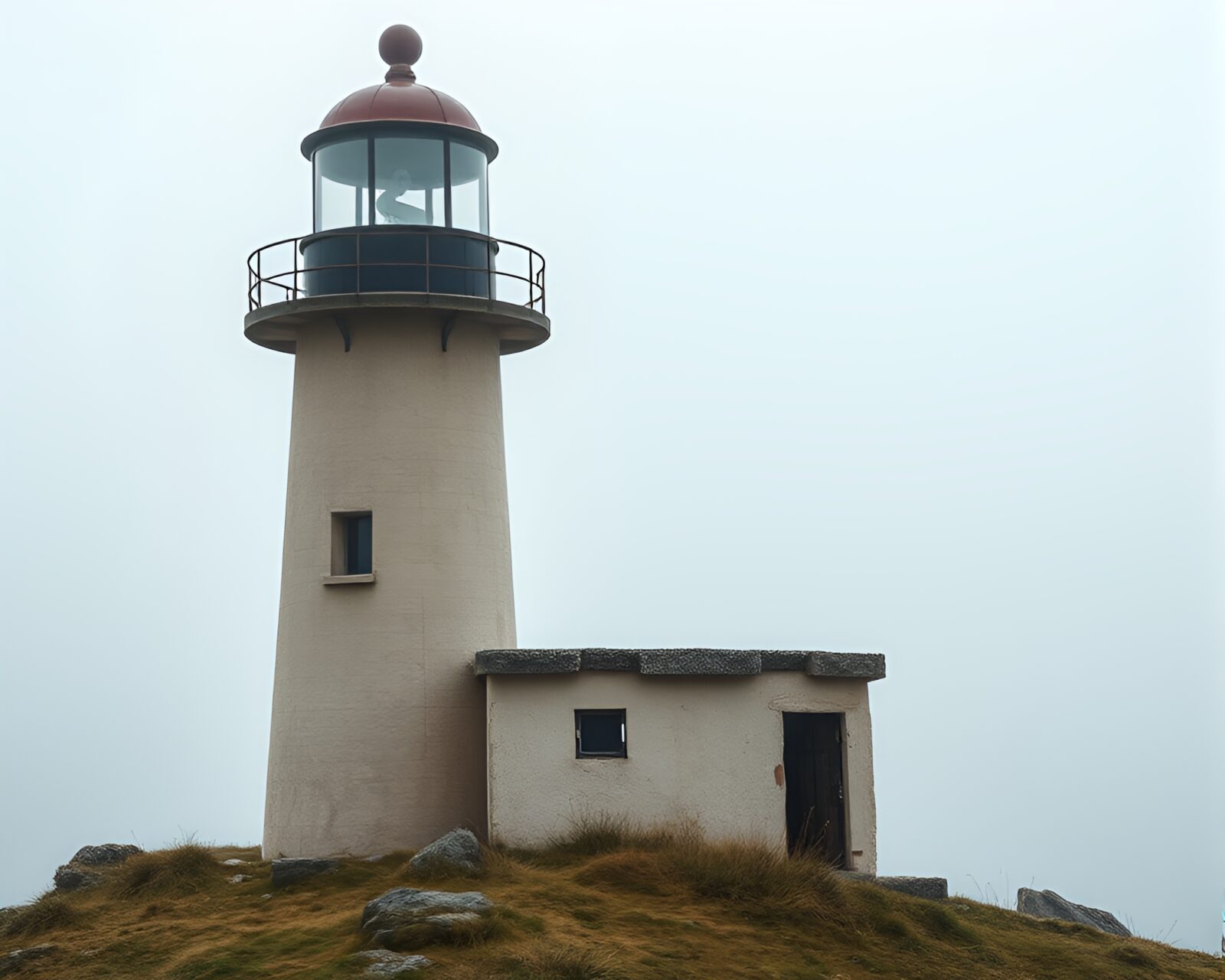 Paper-cutout representation of a spooky abandoned lighthouse in fog
