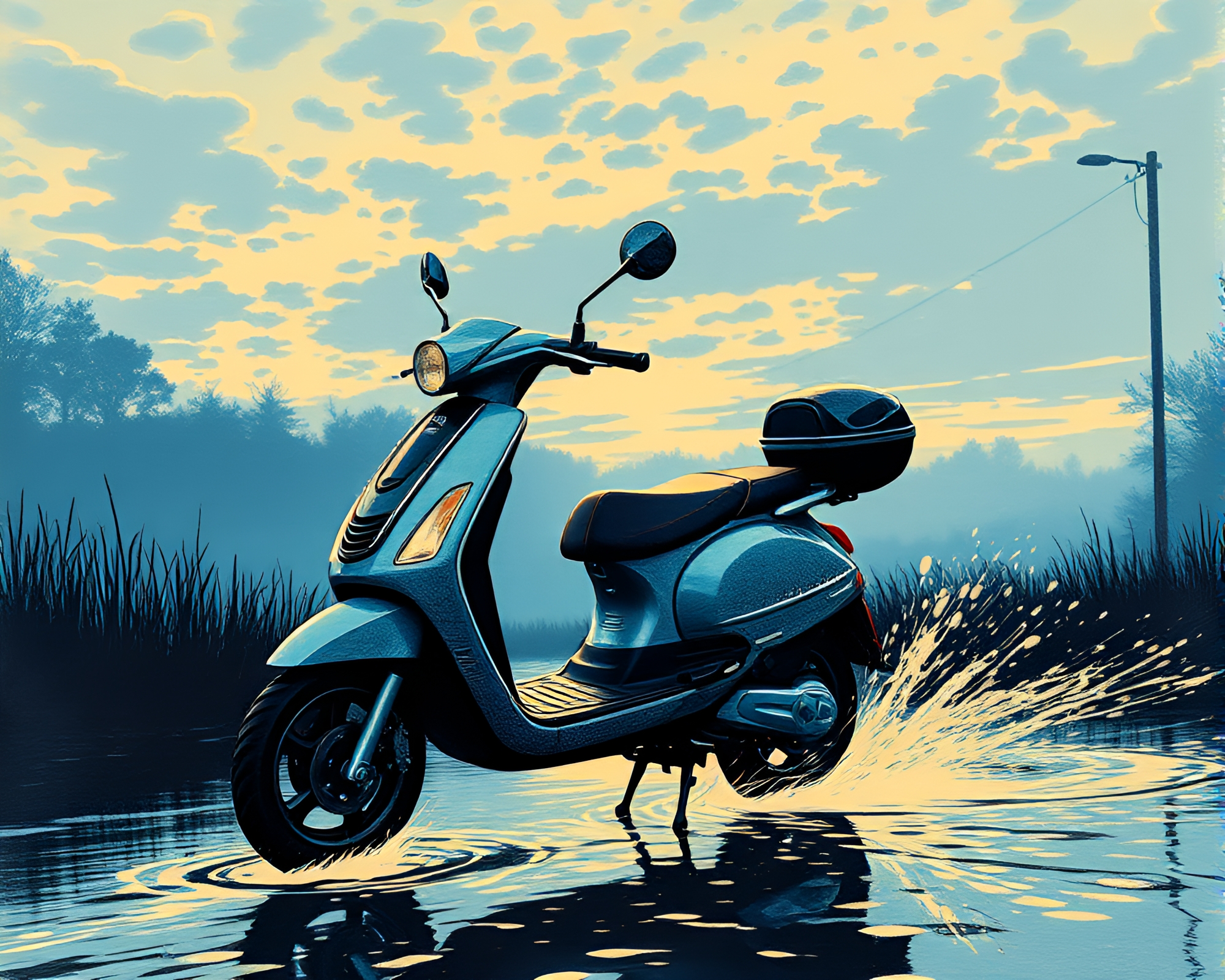 Electric scooter through misty dawn reflections – free AI stock image