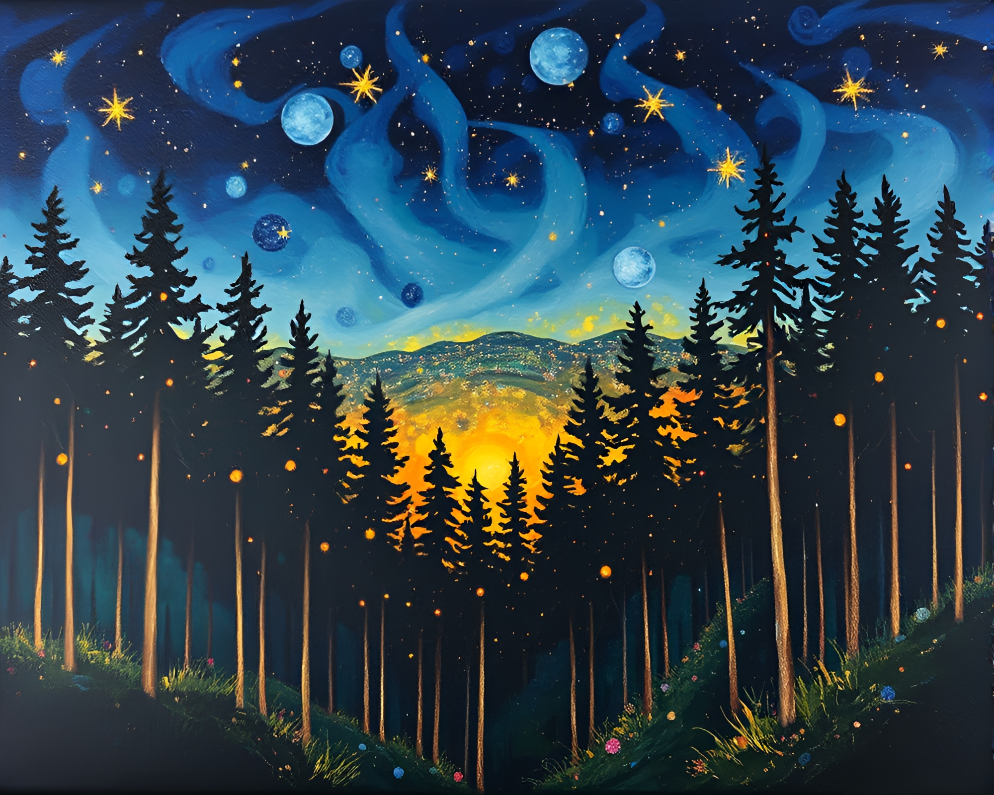 Enchanting Forest City Lights Oil Painting – free AI stock image