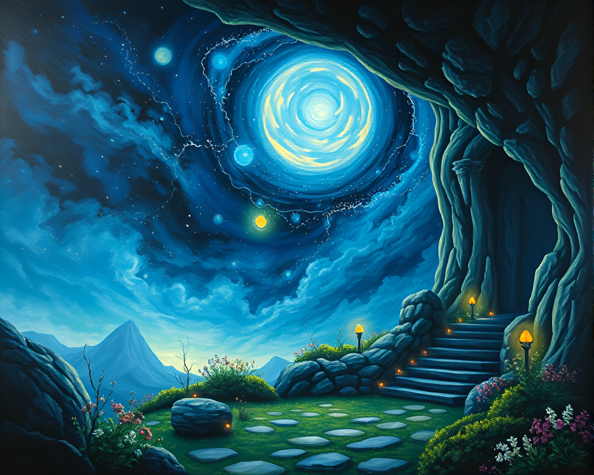 Sky Garden Illuminated by Dungeon Torchlight Acrylic Painting – free AI stock image