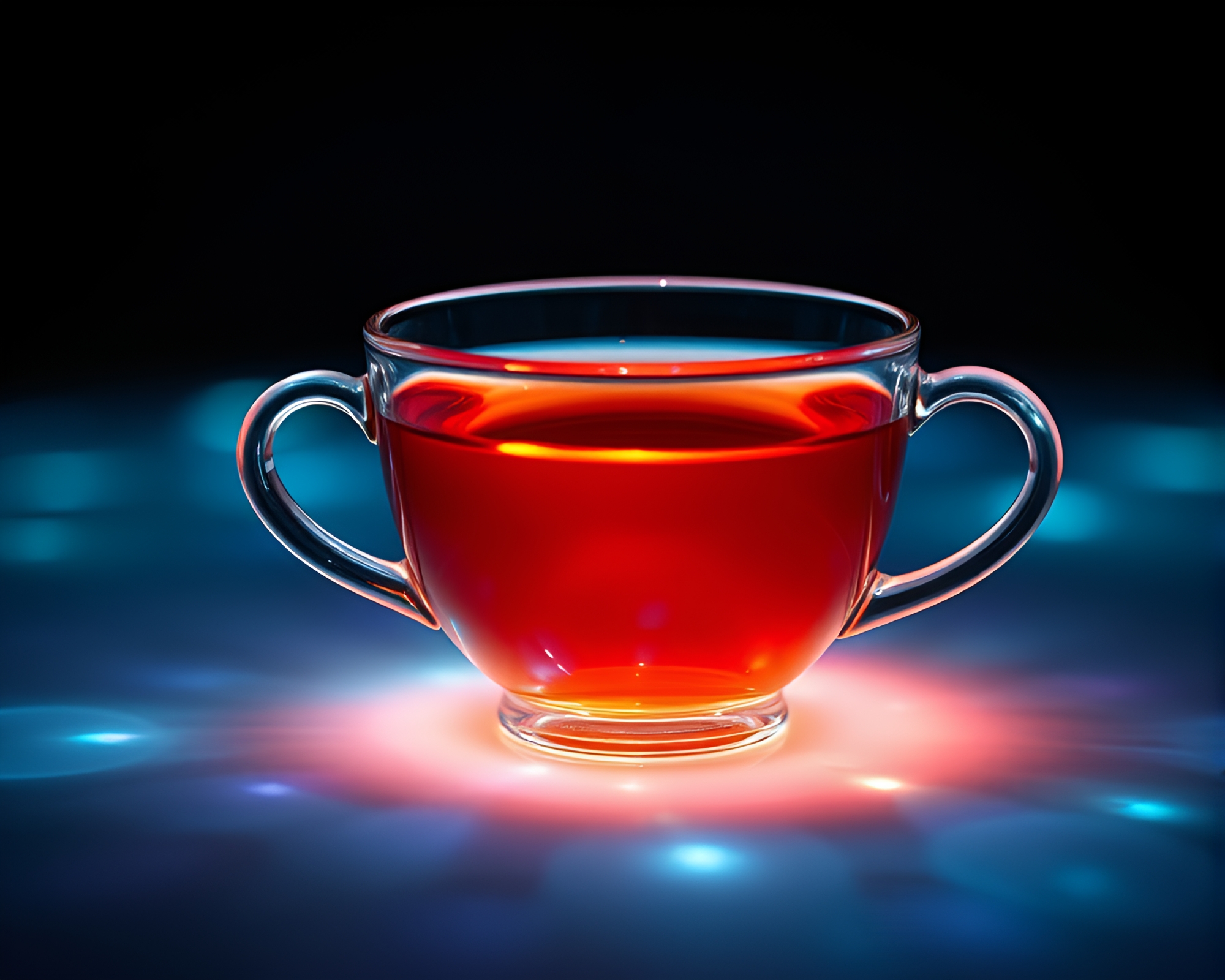 Floating Tea Cup in Bioluminescent Duochrome Frame – free AI stock image