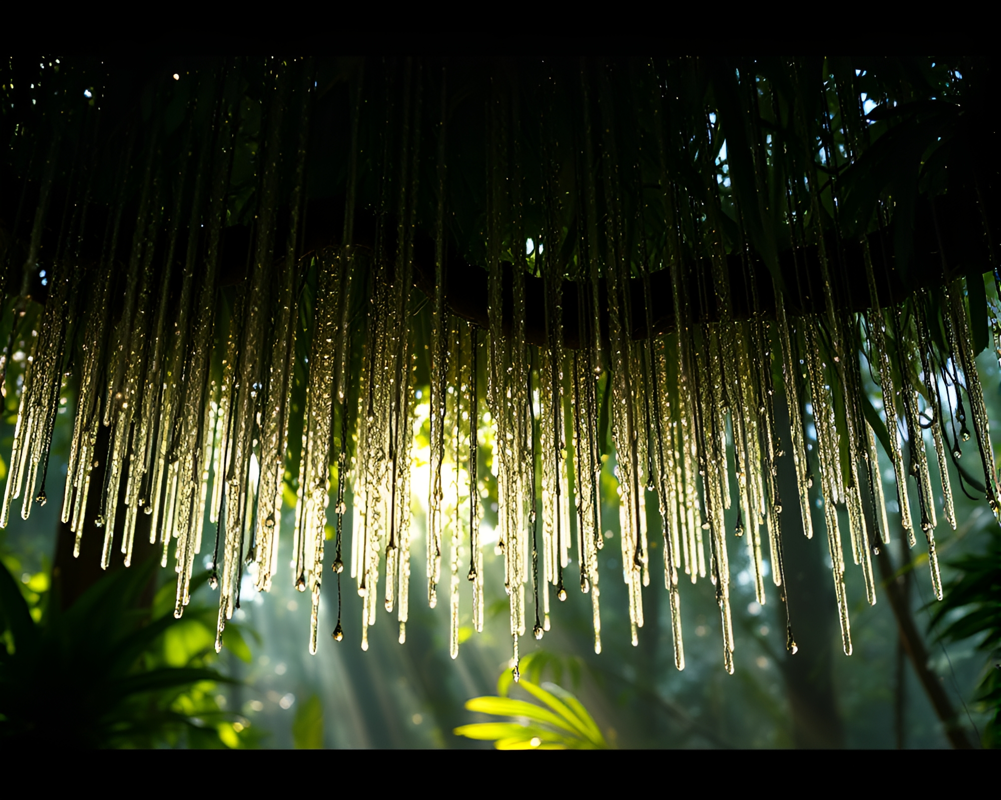 Rainforest Canopy Through Wet Glass Beads Scanlines – free AI stock image