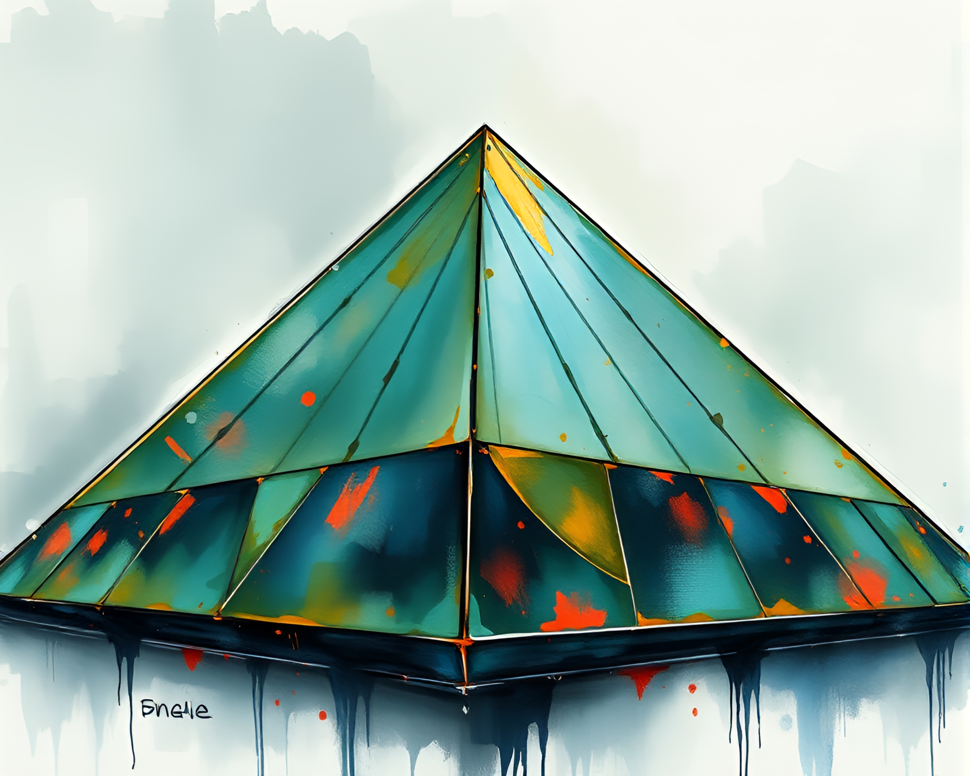 Bronze patina glass pyramid under neon graffiti lights – free AI stock image