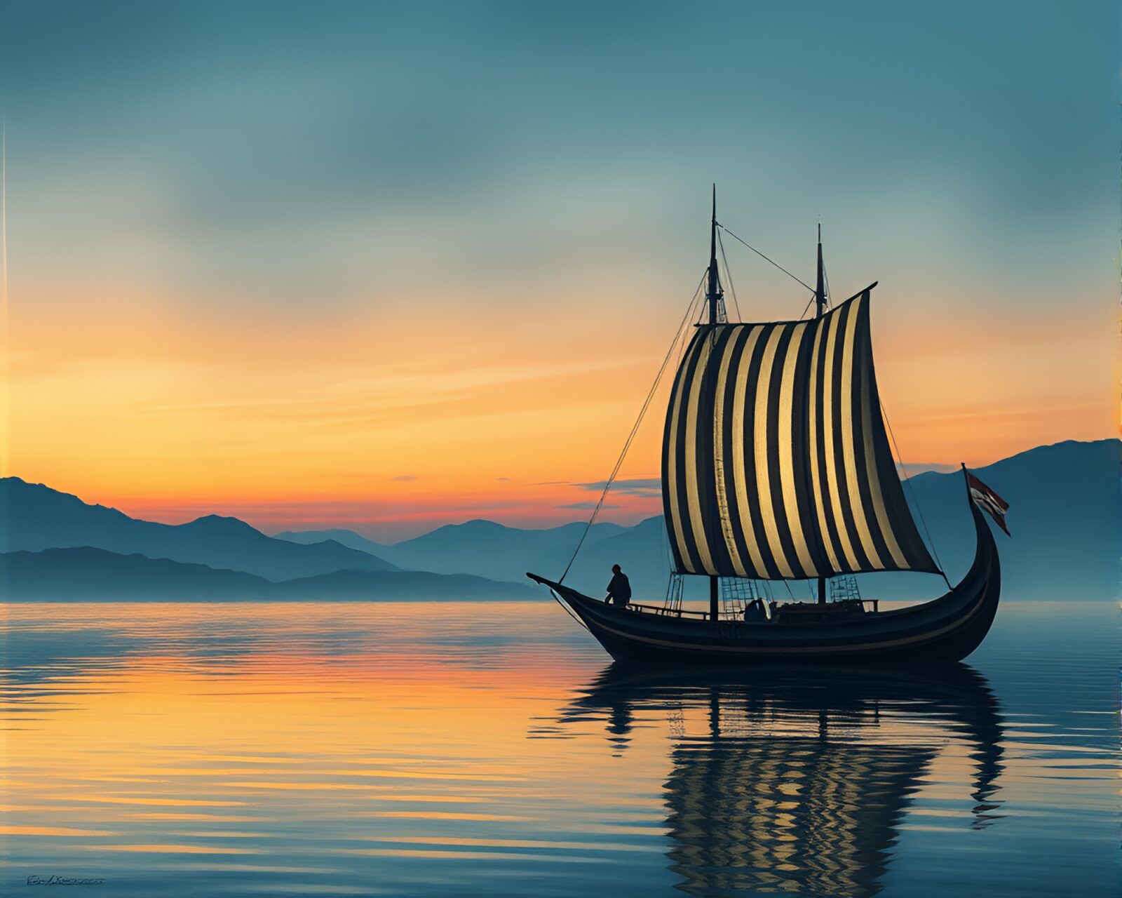 Vibrant egg tempera painting of Viking longship on barcode sea at twilight