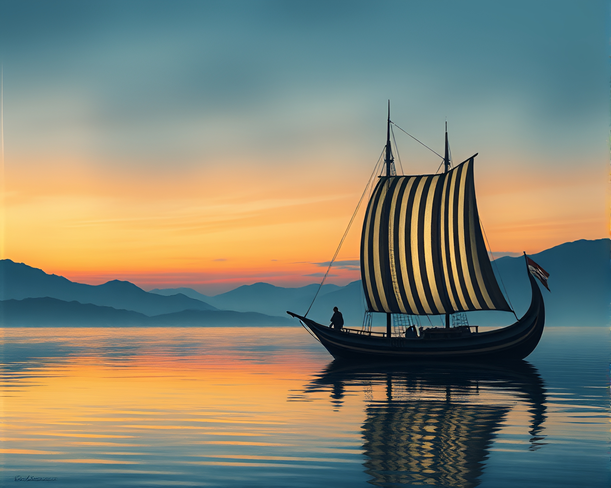 Viking Longship Sailing at Dusk through Barcode Stripes – free AI stock image