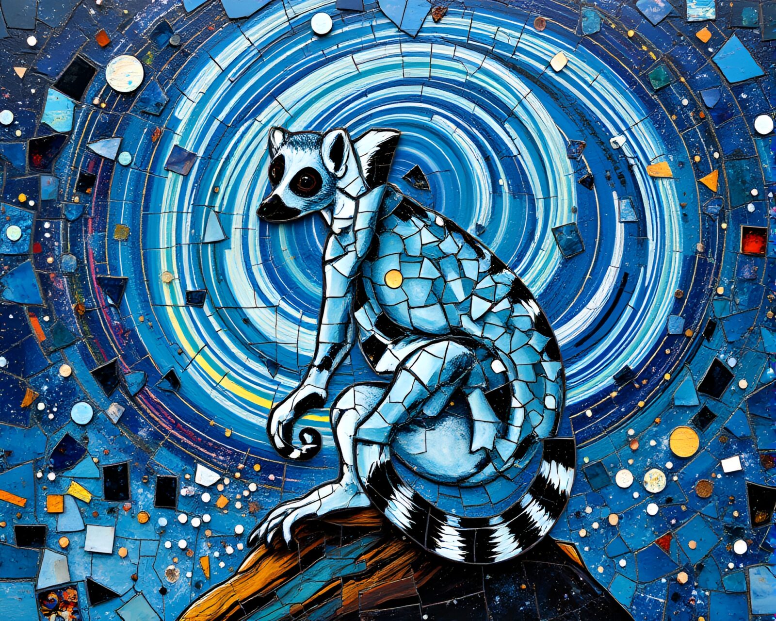 Colorful broken mosaic of a lemur under swirling galaxy