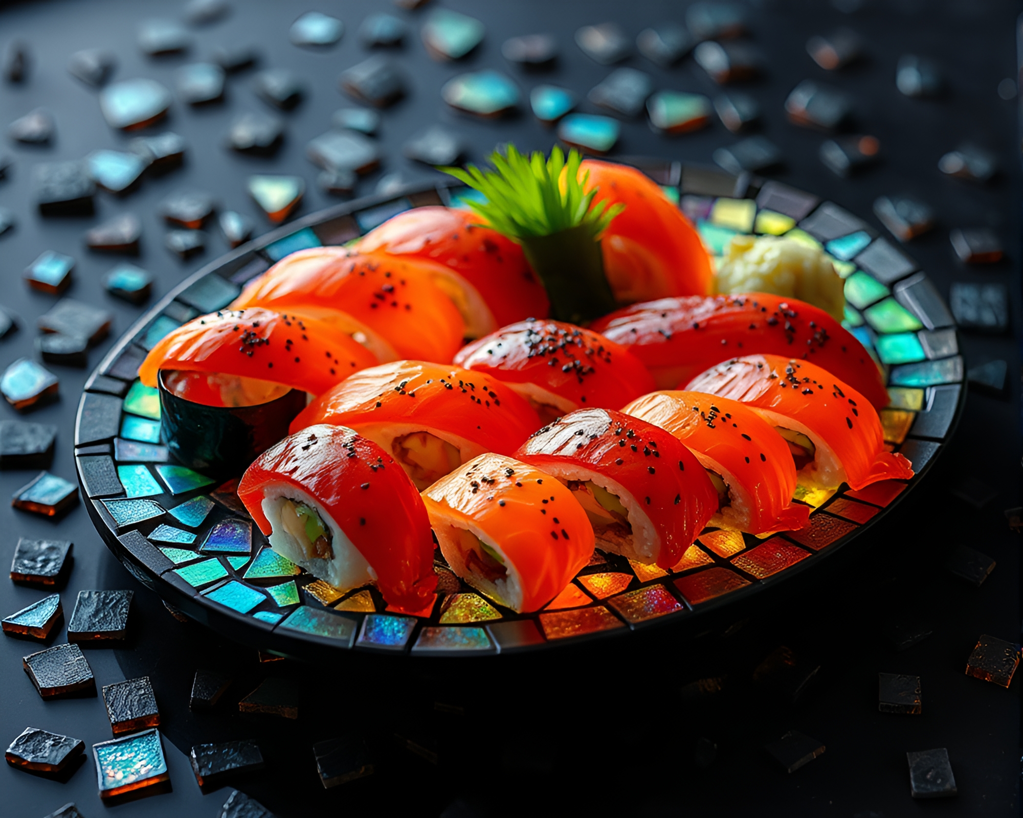 Mesmerizing Sushi Mosaic Illuminated Screen Print – free AI stock image