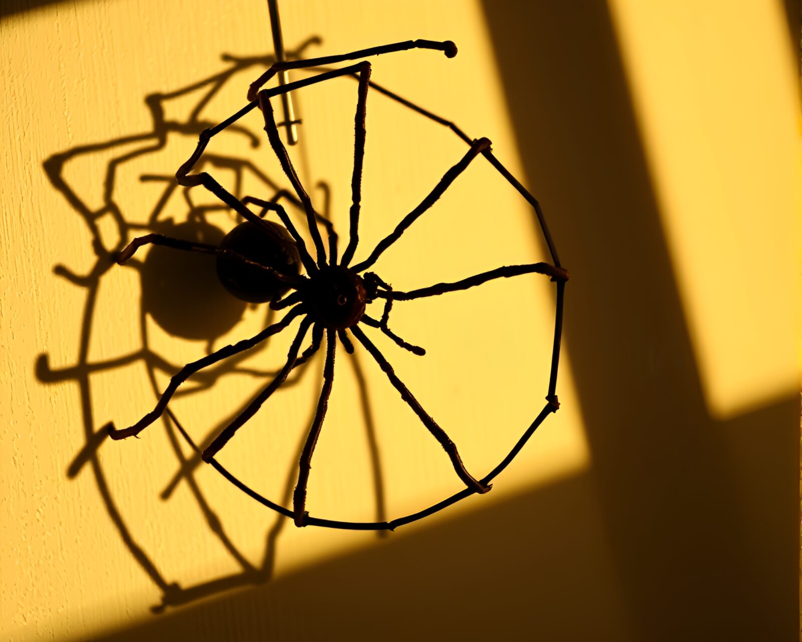 Glowing mechanical spider spiraled in Fibonacci pattern on warm porch