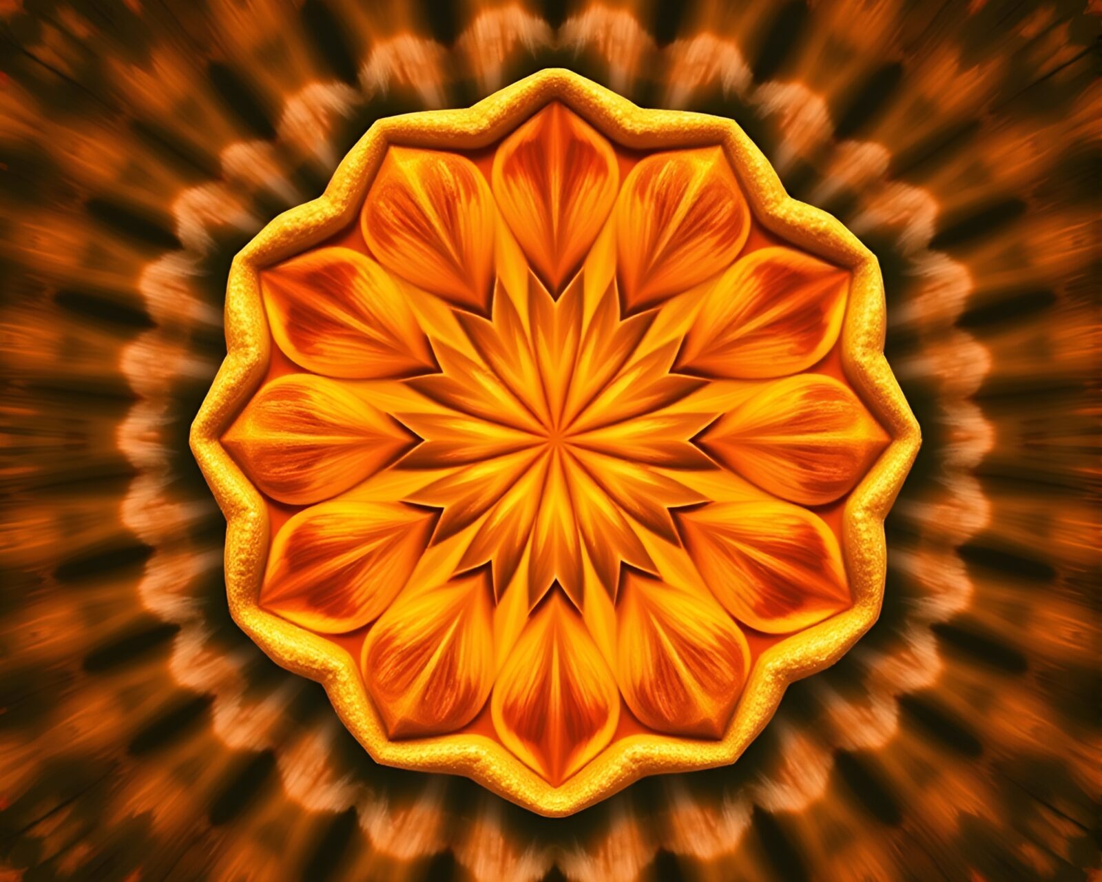 Vibrant pumpkin pie under a sunset sky in geometric layout