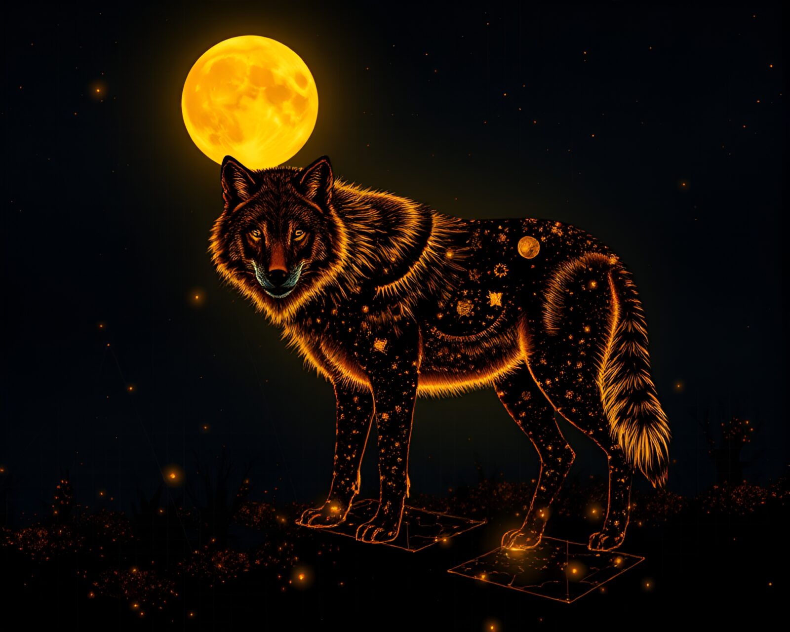 Fantasy wolf under golden moonlight in grid pattern