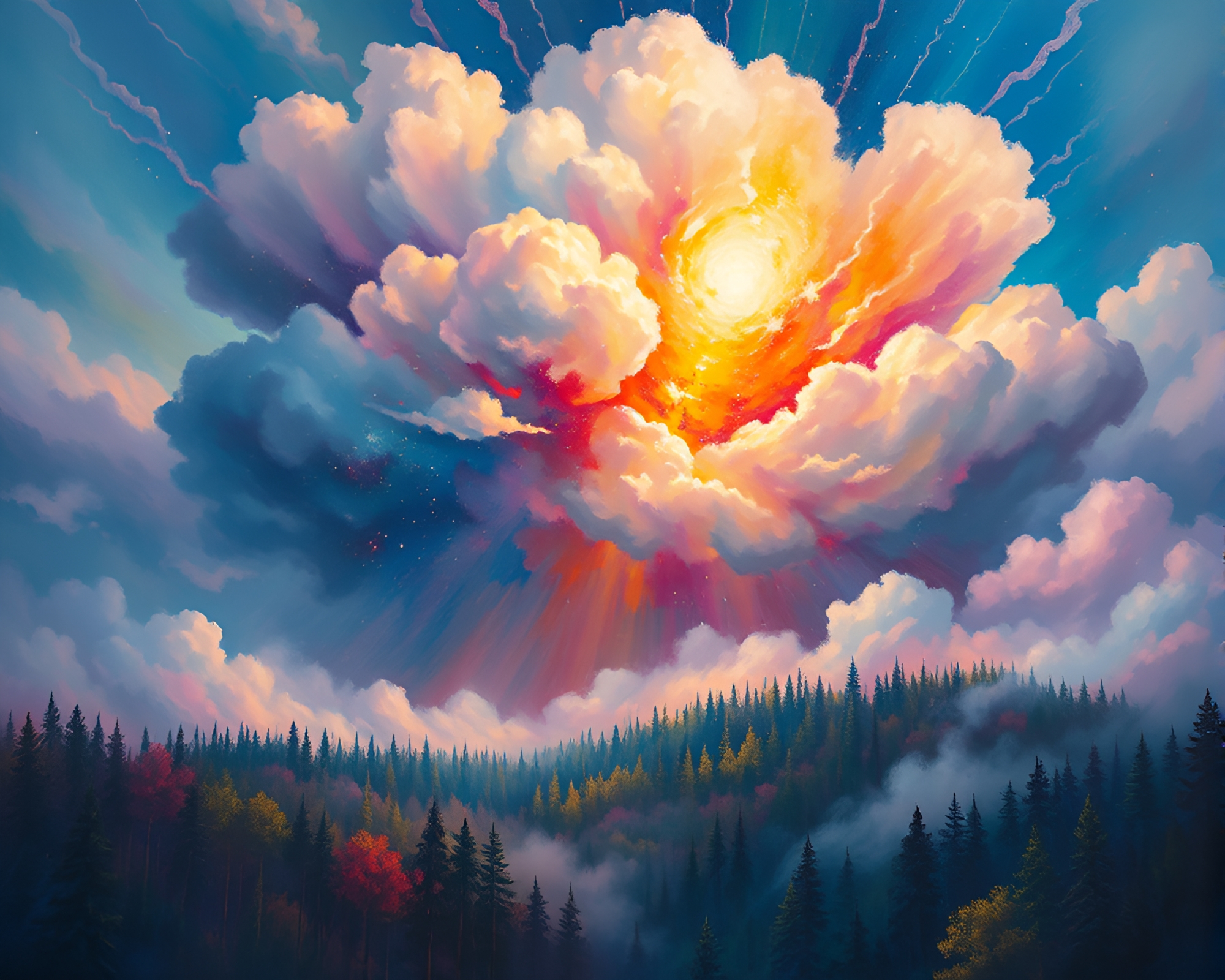 Mystical Forest Explosion: Cosmic Rainbow Delight – free AI stock image