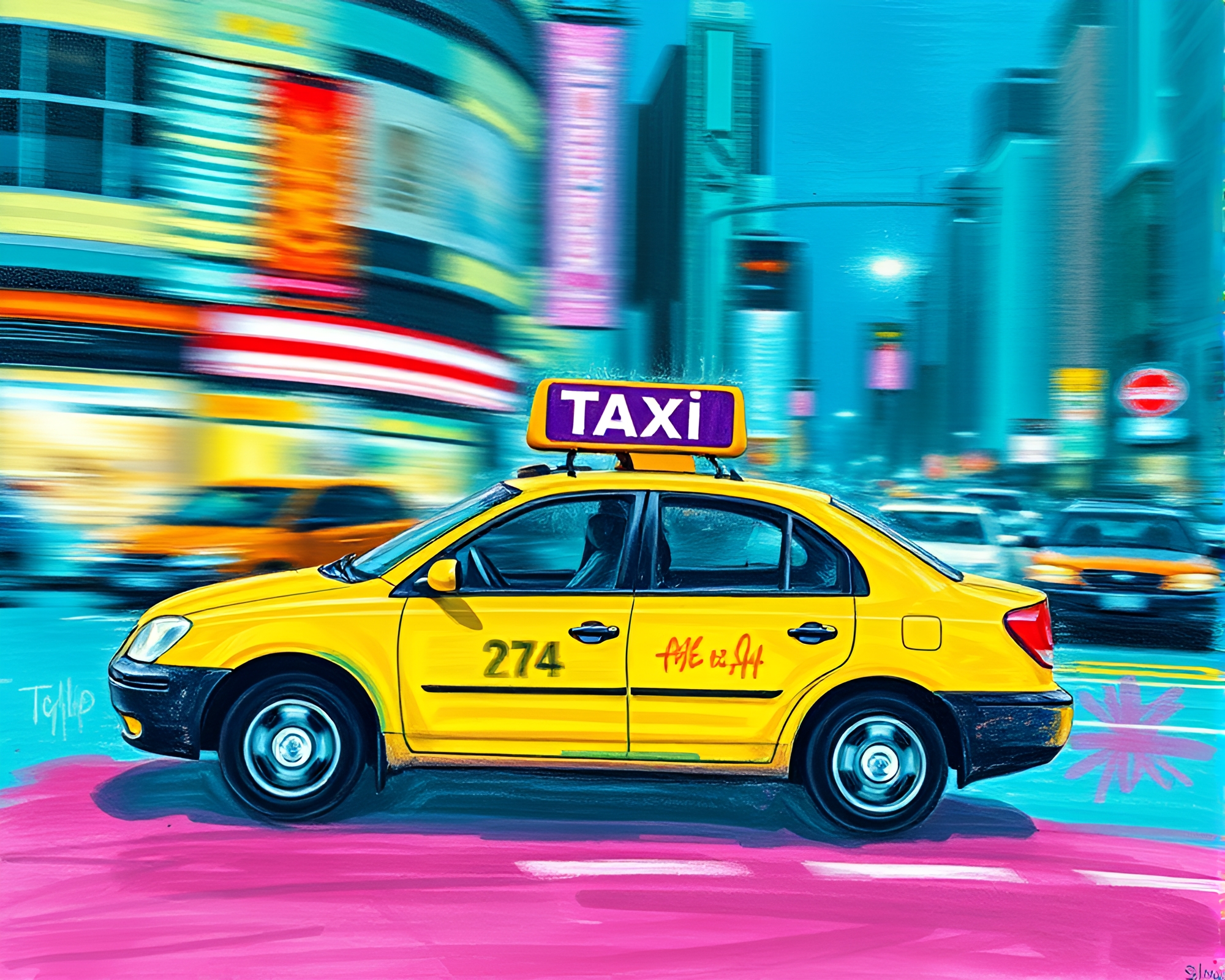 Cityscape Chaos: Taxi Streaking Through Teal Neon Graffiti – free AI stock image