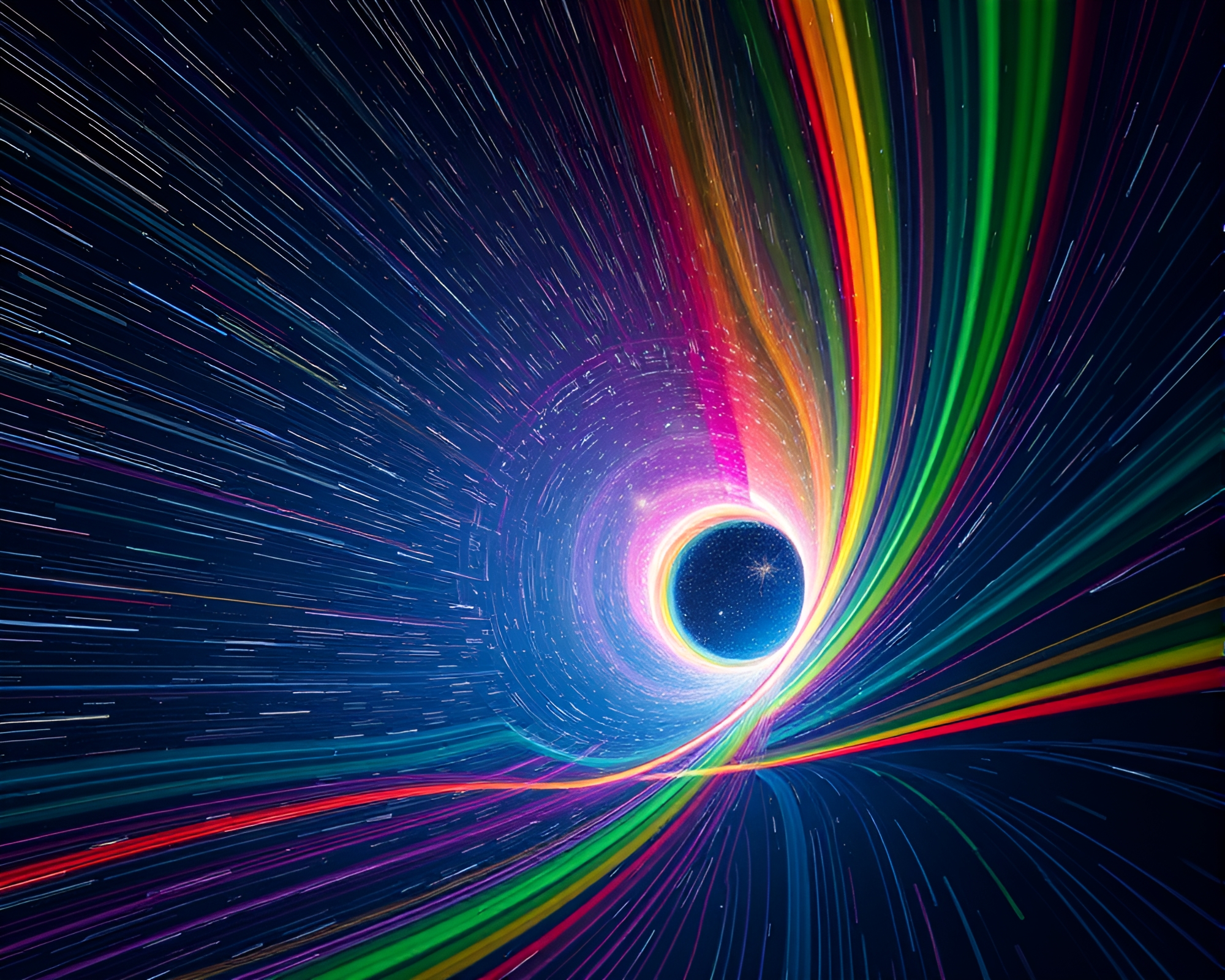 Cubist Wormhole Generator in Rainbow Star Trails – free AI stock image