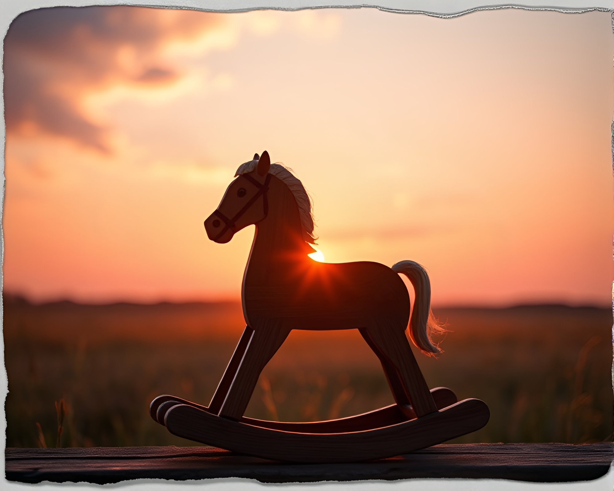 Sunrise Glow Wooden Rocking Horse Torn Edges – free AI stock image