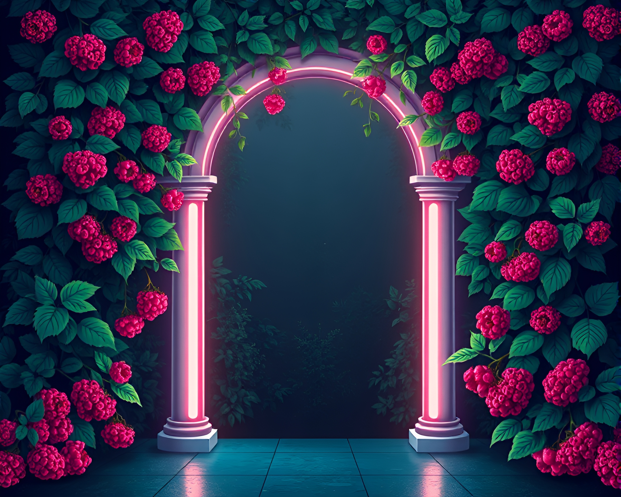 Neon Glow Raspberry Bush in Botanical Frame Illustration – free AI stock image
