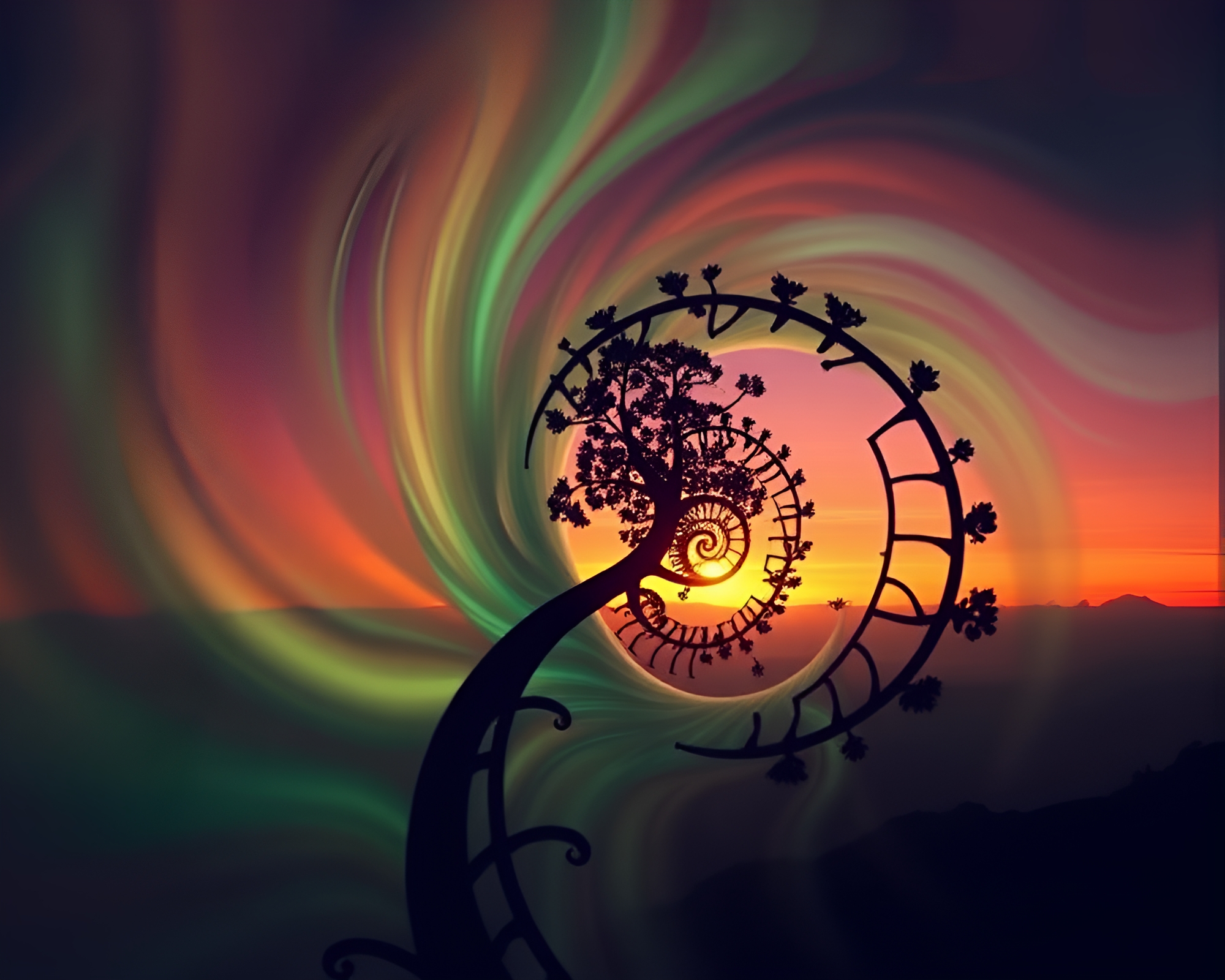 Vaporwave Sunset: Forest Green Fibonacci Spiral – free AI stock image