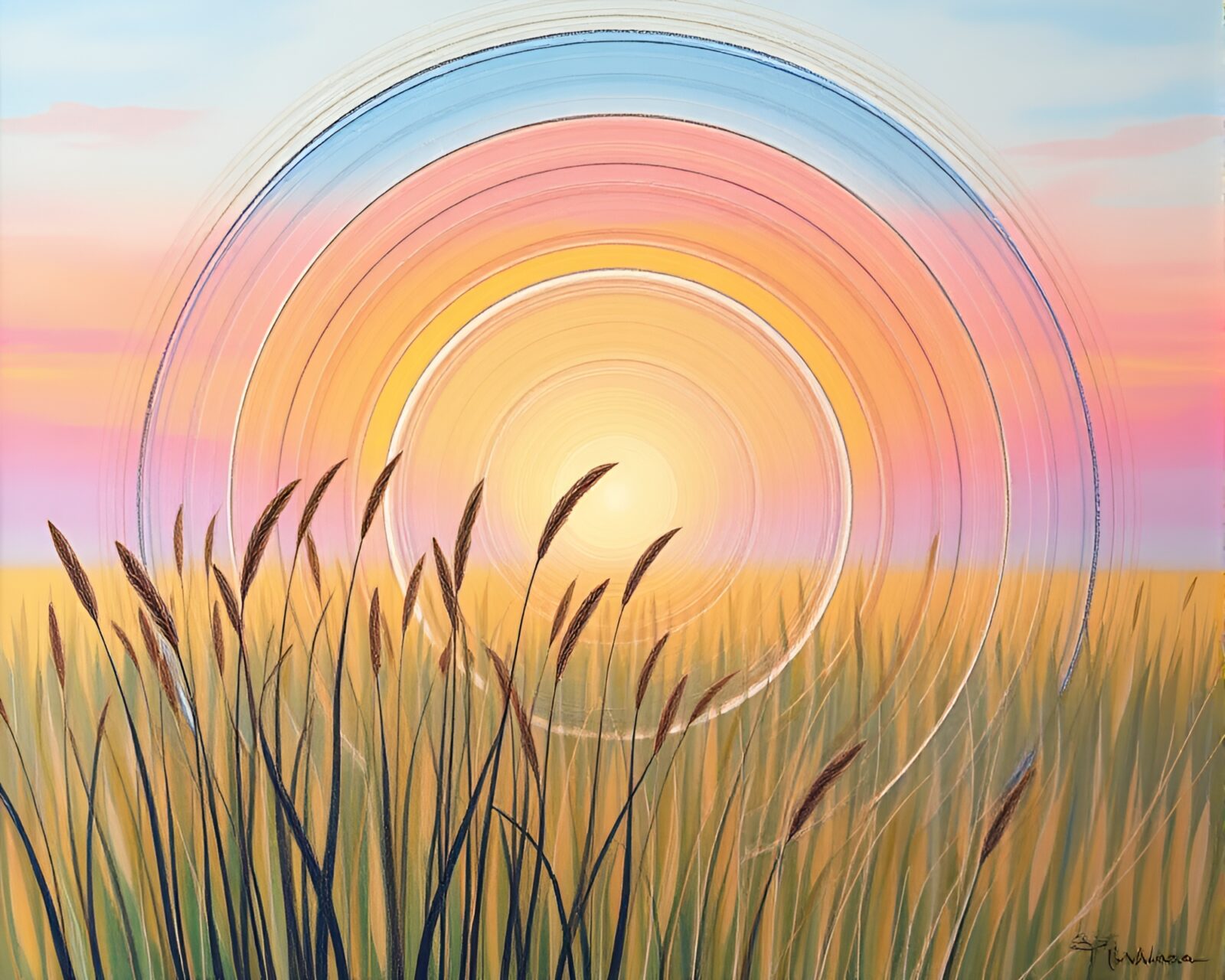 Acrylic painting of savannah grass under pastel sunrise sky