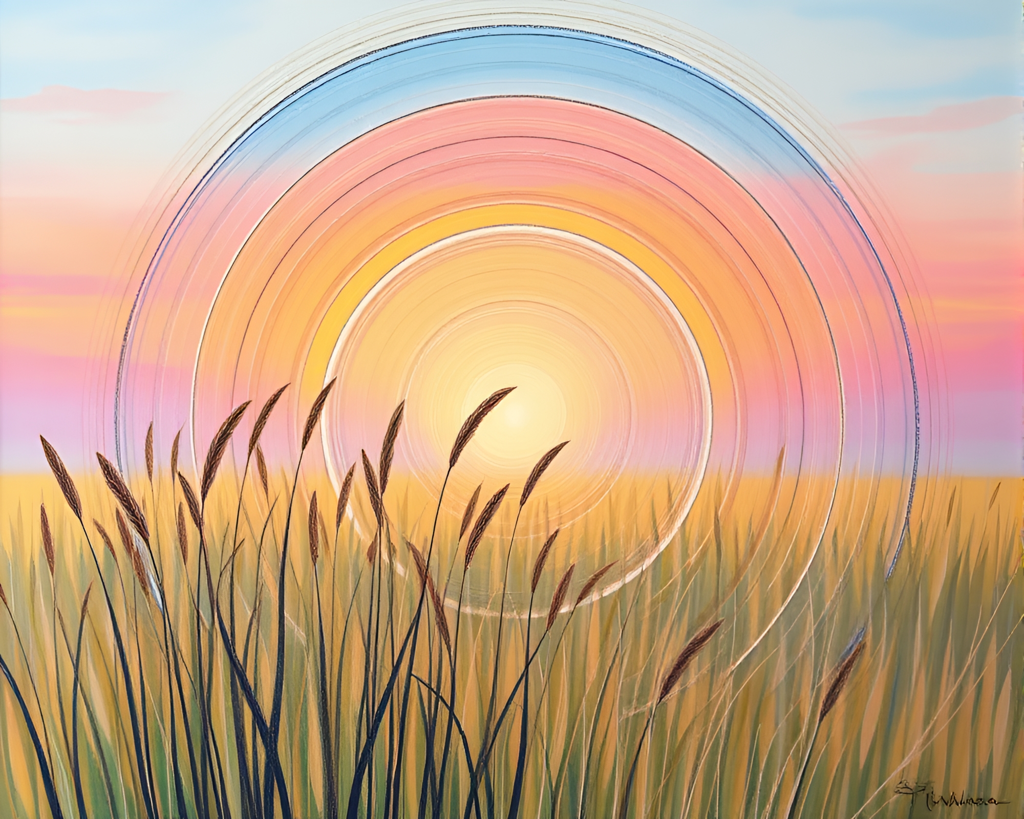Savannah Sunrise: Acrylic Painting with Concentric Circles – free AI stock image