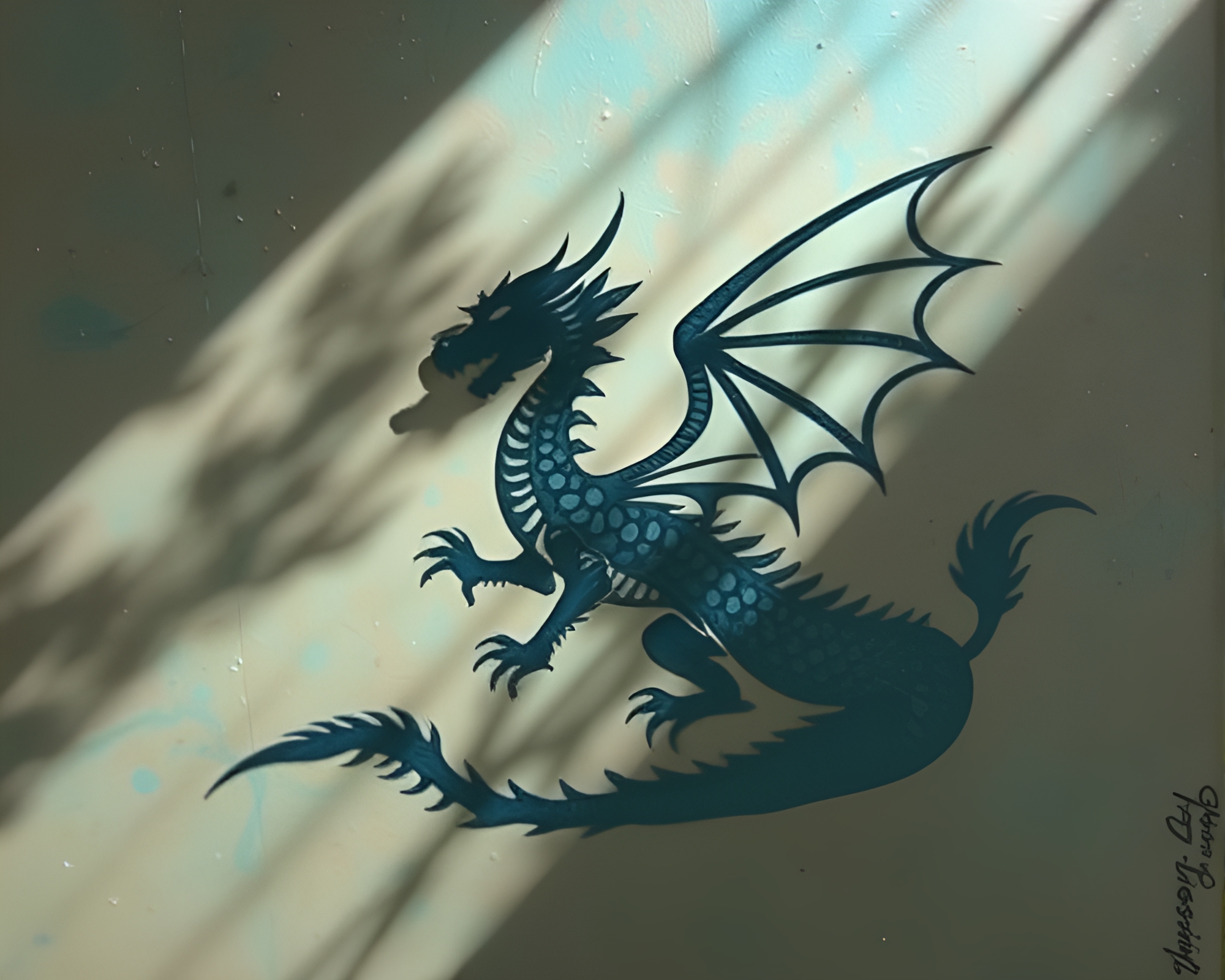 Celestial Dragon in Turquoise Encaustic Stencil Shadow – free AI stock image