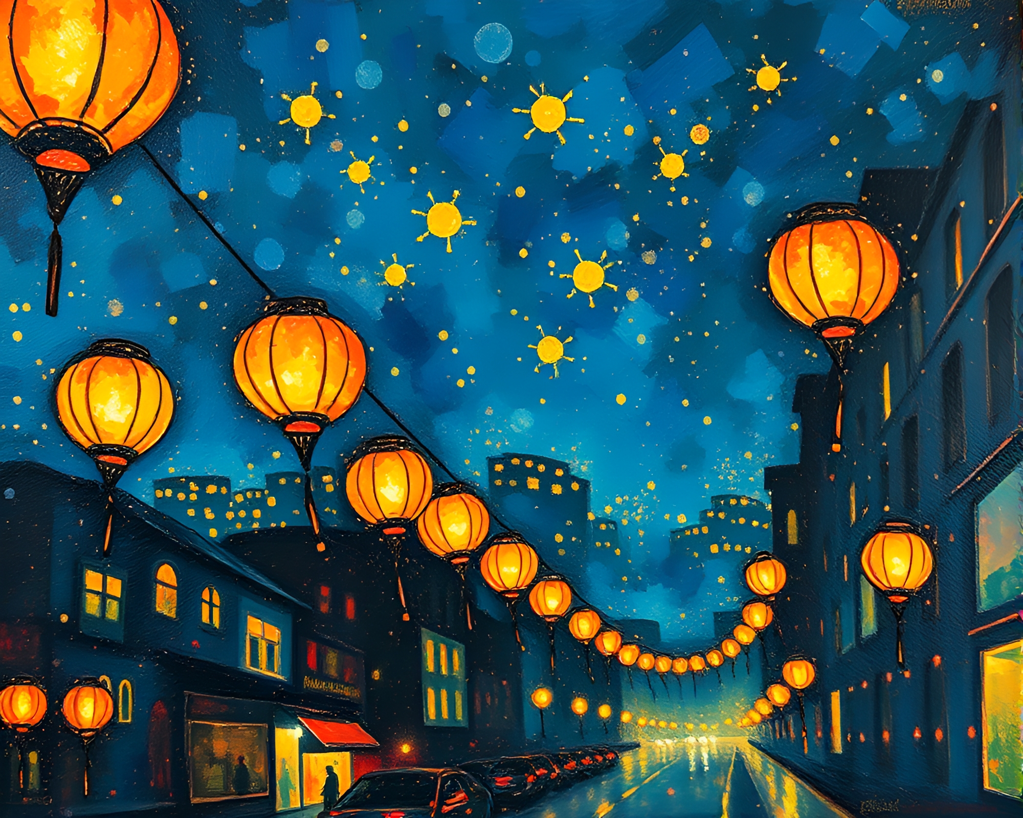 Expressionist cityscape with floating lanterns – free AI stock image