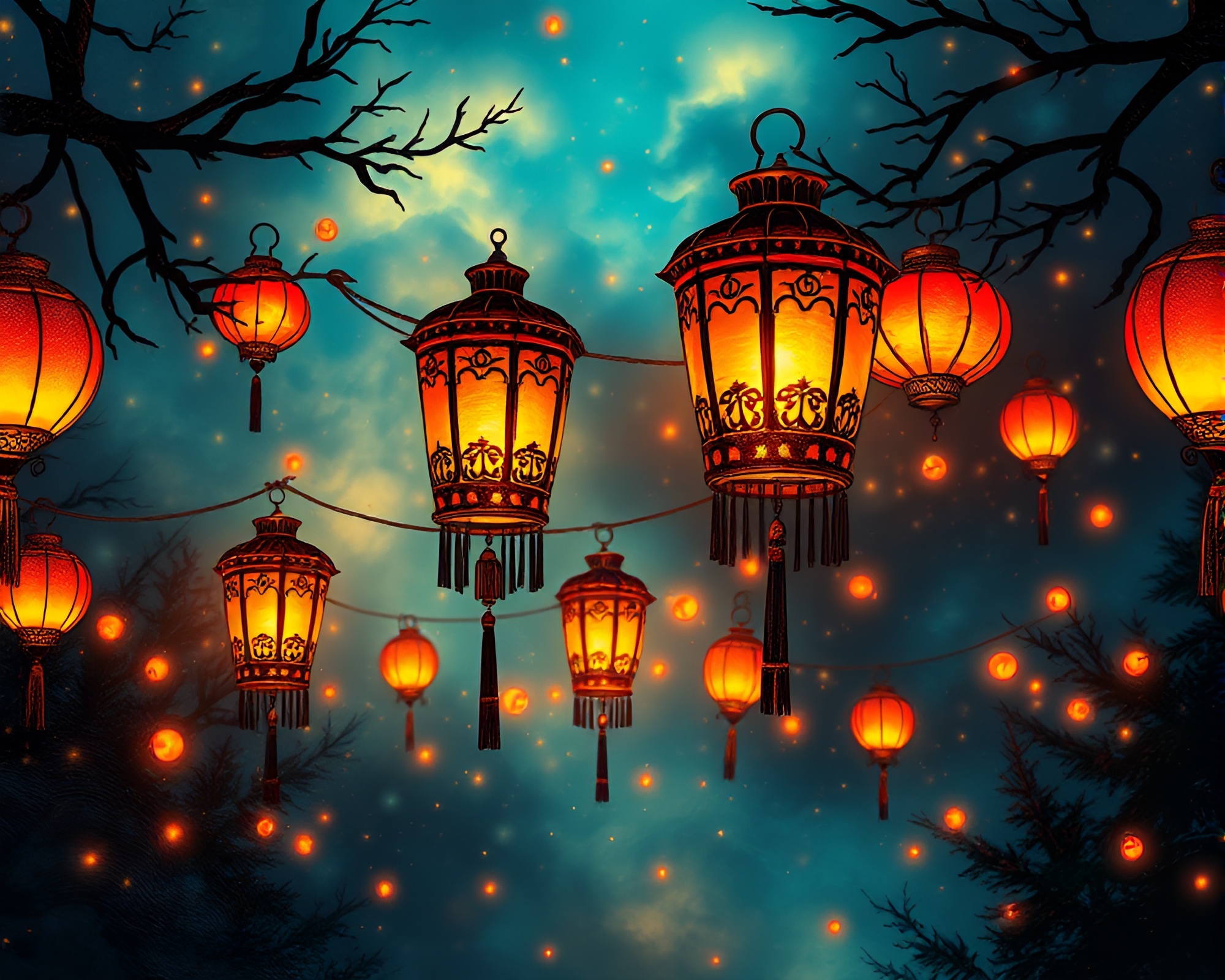 Mystical Floating Lanterns with Foil Stamping Sorcery Glow – free AI stock image