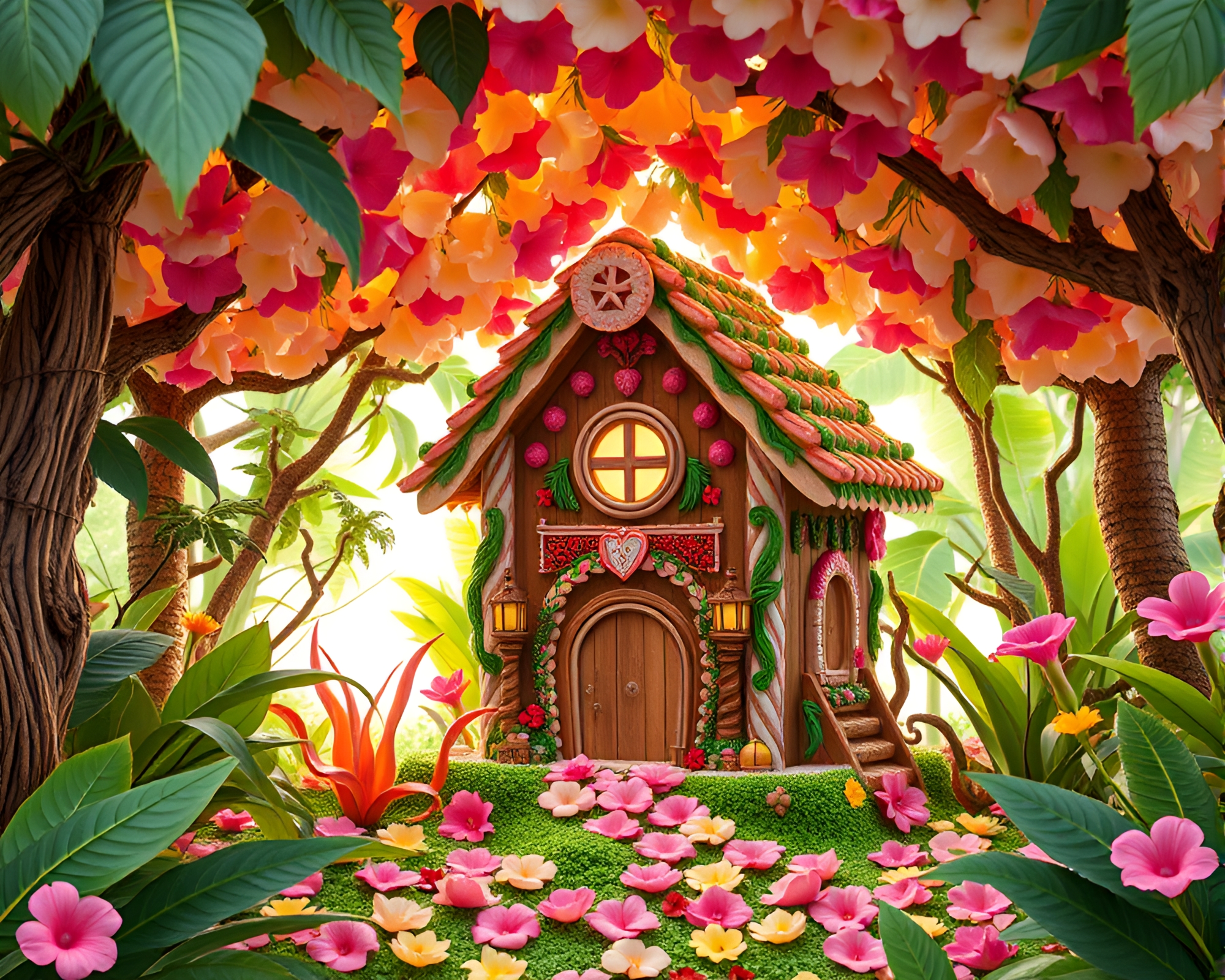 Gingerbread House Canopy: Petal Path – free AI stock image