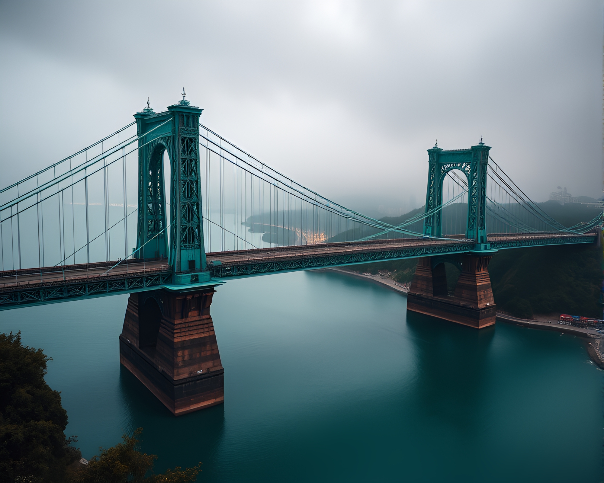 Majestic Suspension Bridge in Mint Green Tenebrism – free AI stock image