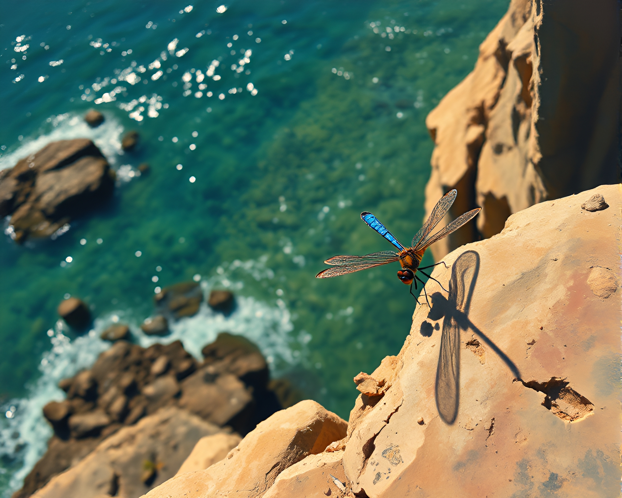 Glistening Dragonfly Perched on Cliffside at Sunset – free AI stock image