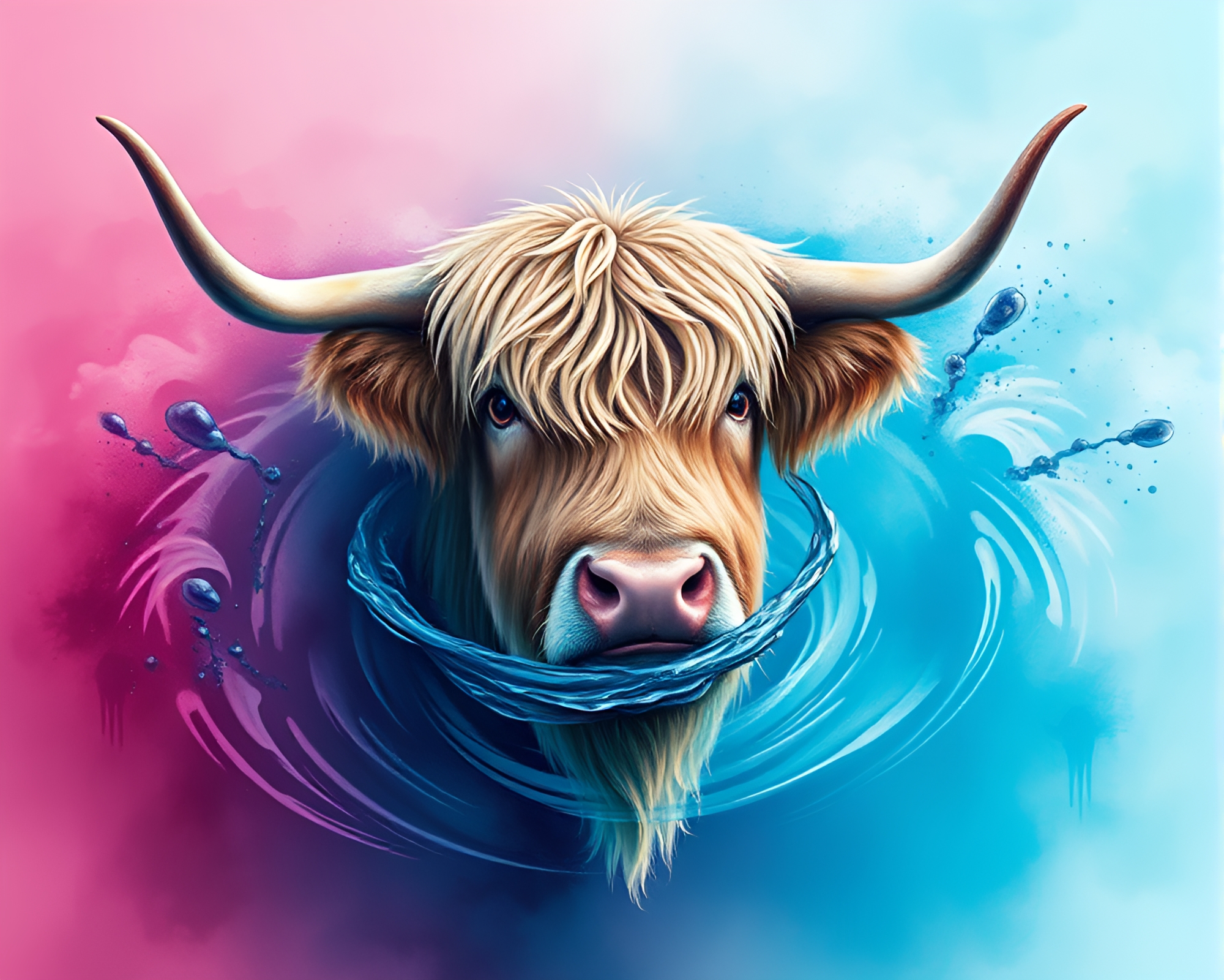 Majestic Highland cow surrounded by water whirlpool splatter art – free AI stock image