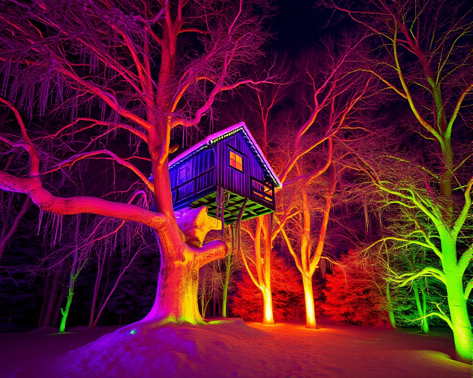 Long exposure photograph of ice crystal-covered treehouse