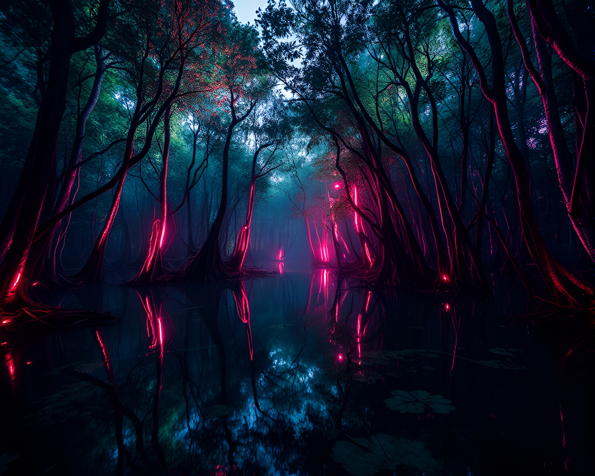 Sorcery Glow in Retrowave Mangrove Swamp – free AI stock image
