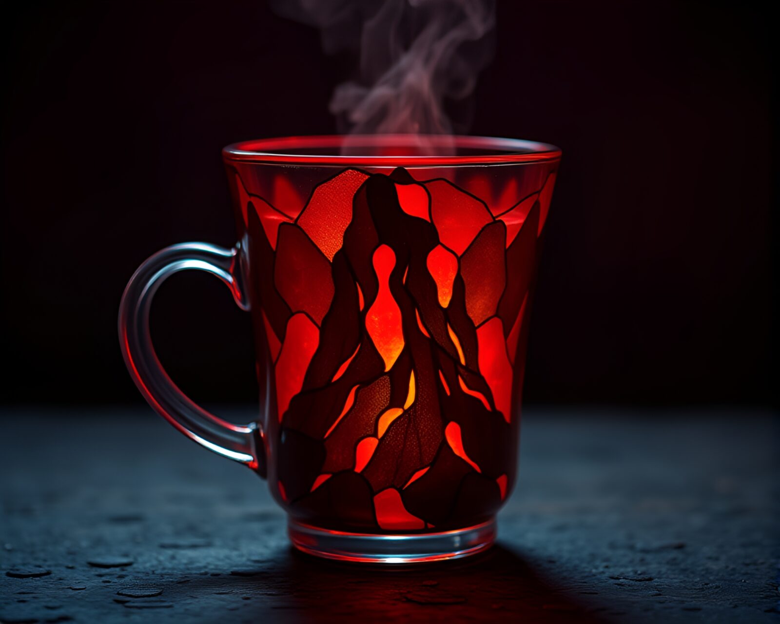 Wide shot of coffee cup in vibrant red stained glass
