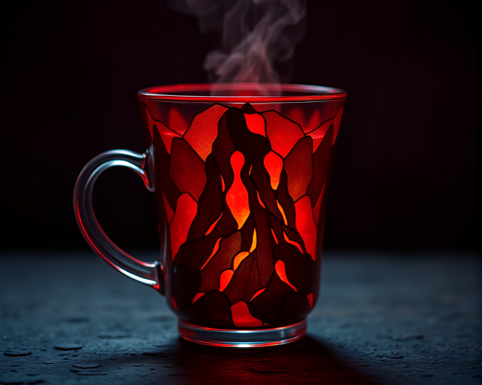 Volcano Red Glow Coffee Cup Stained Glass Scene – free AI stock image