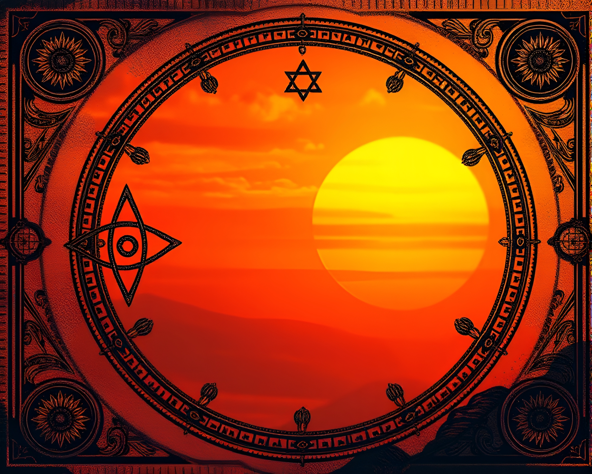 Engraved Alchemical Symbols in Sunset Digital Painting – free AI stock image