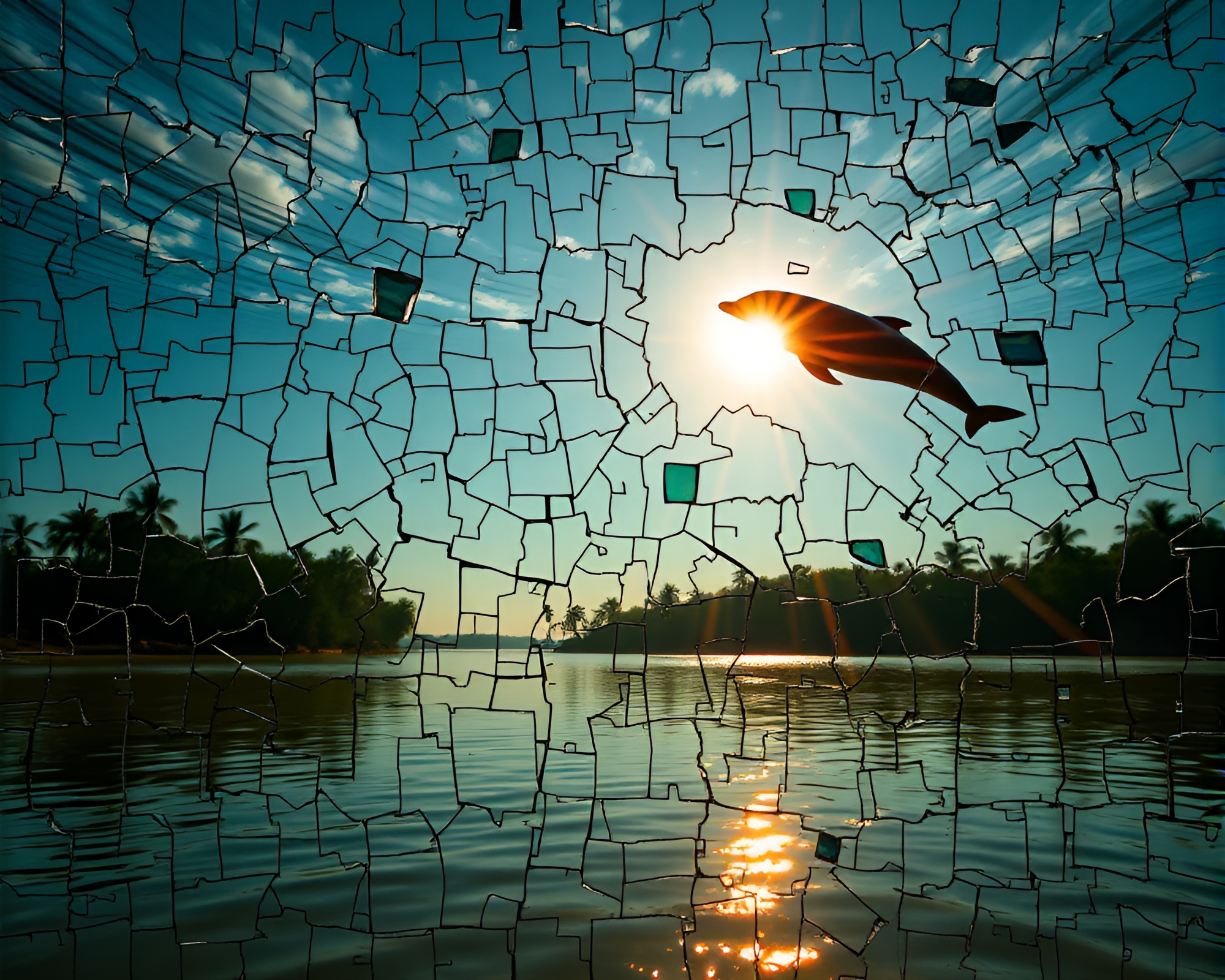 Enigmatic Amazon River Dolphin Mosaic at Golden Hour – free AI stock image