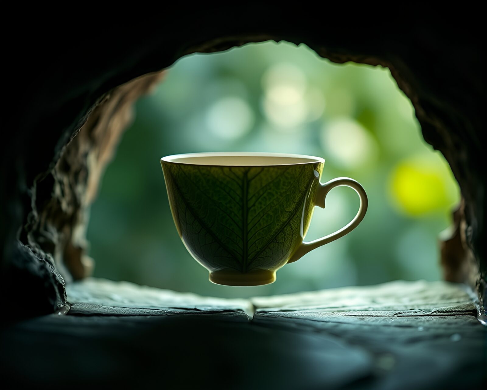 Glowing tea cup surrounded by intricate leaf veins in darkness