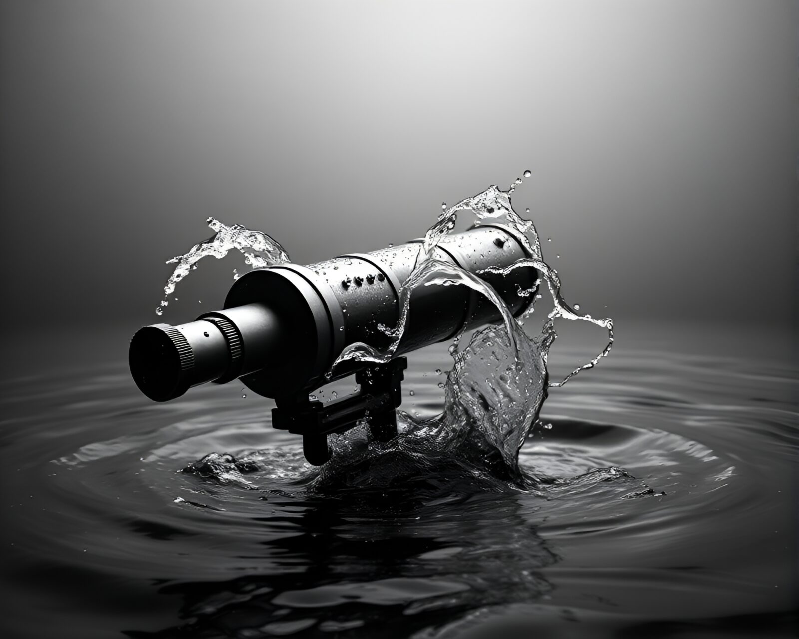 Op art styled vintage telescope in swirling graphite water