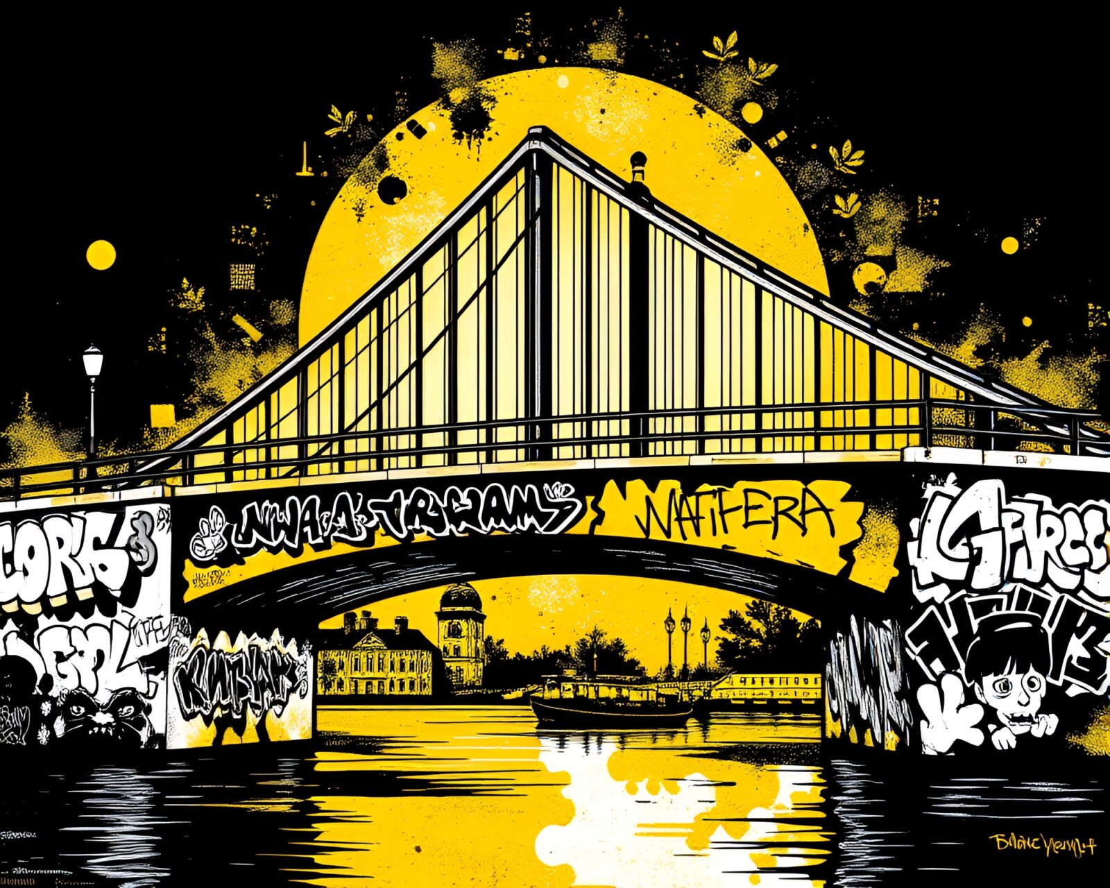 Pixelated monochrome yellow graffiti mural on a bridge