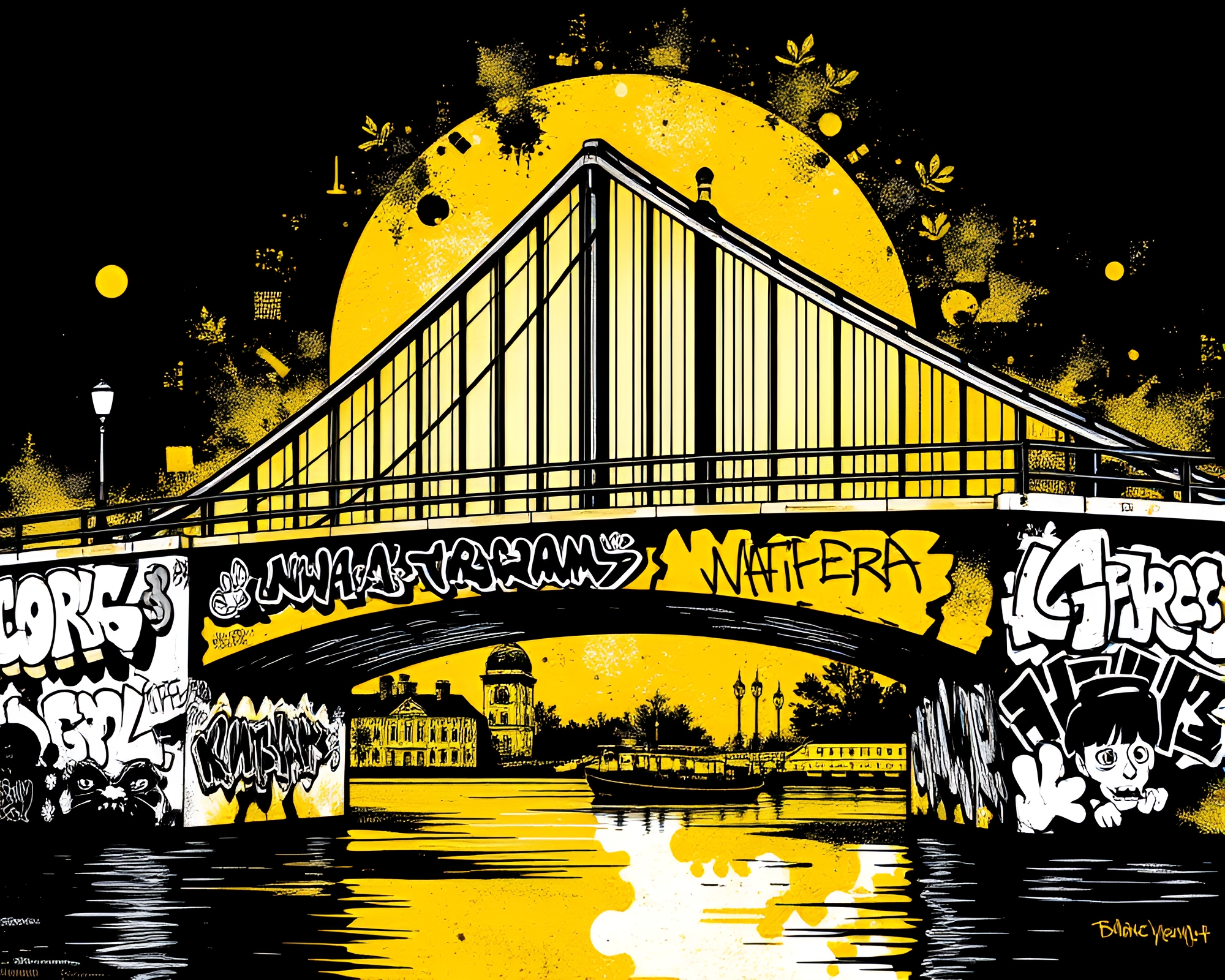 Retro Pixel Art Bridge Mural in Monochrome Yellow – free AI stock image