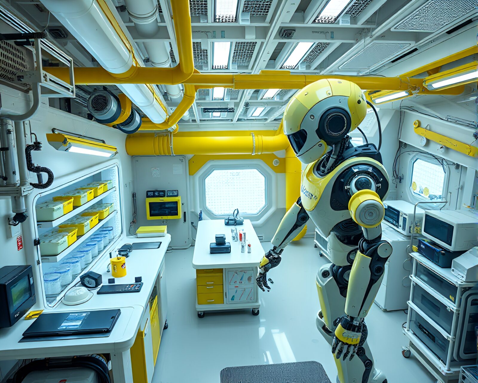 Architectural rendering of lemon yellow-lit robotics lab from above