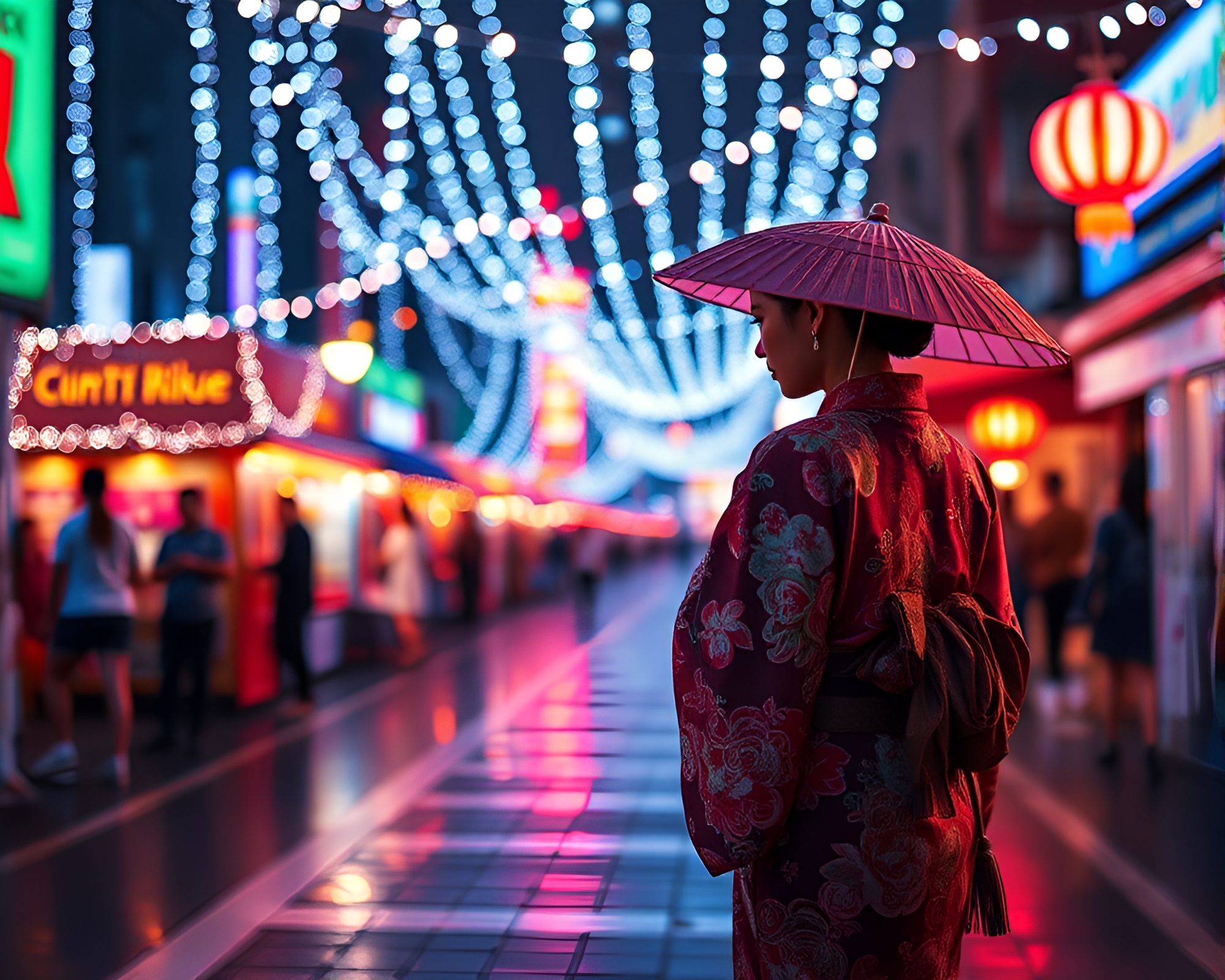 Pixelated Carnival Lights Illuminate Silk Kimono Dancer – free AI stock image