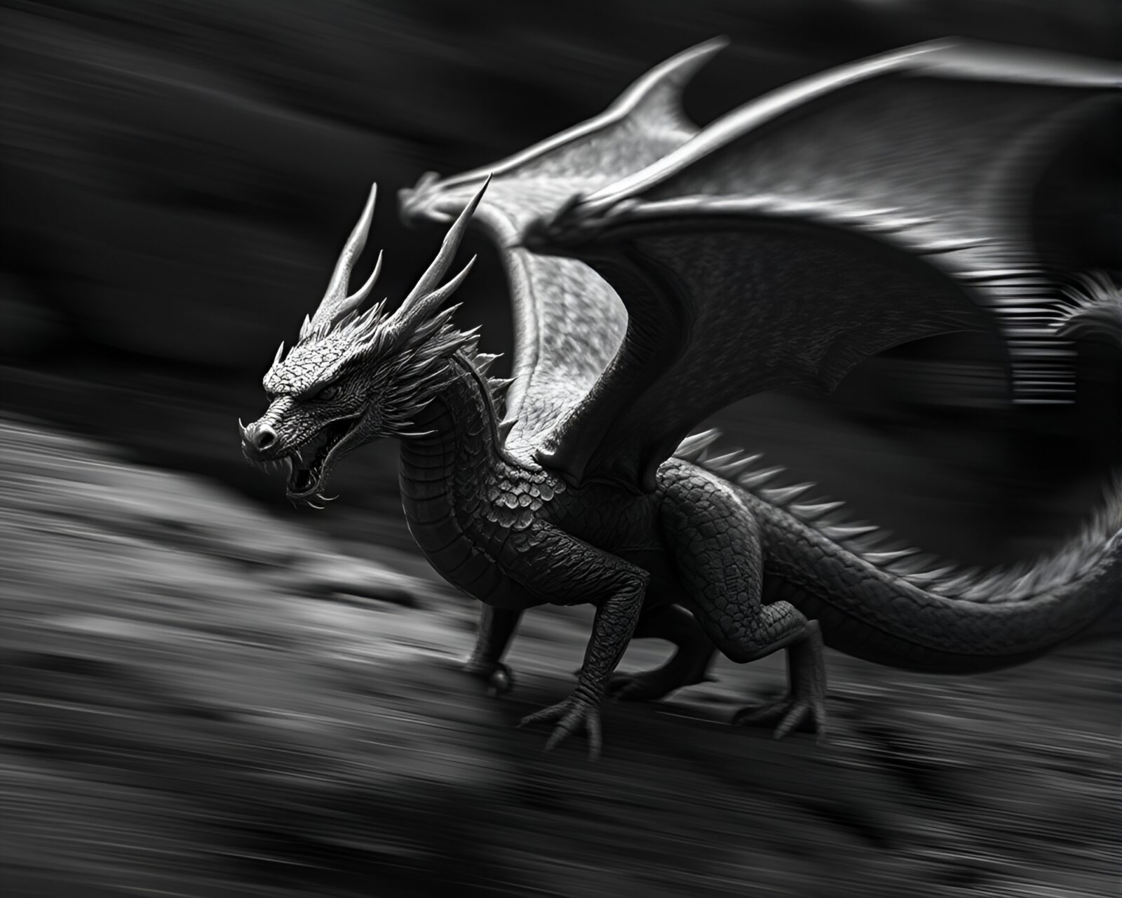 A majestic dragon blurred in motion against gray backdrop.