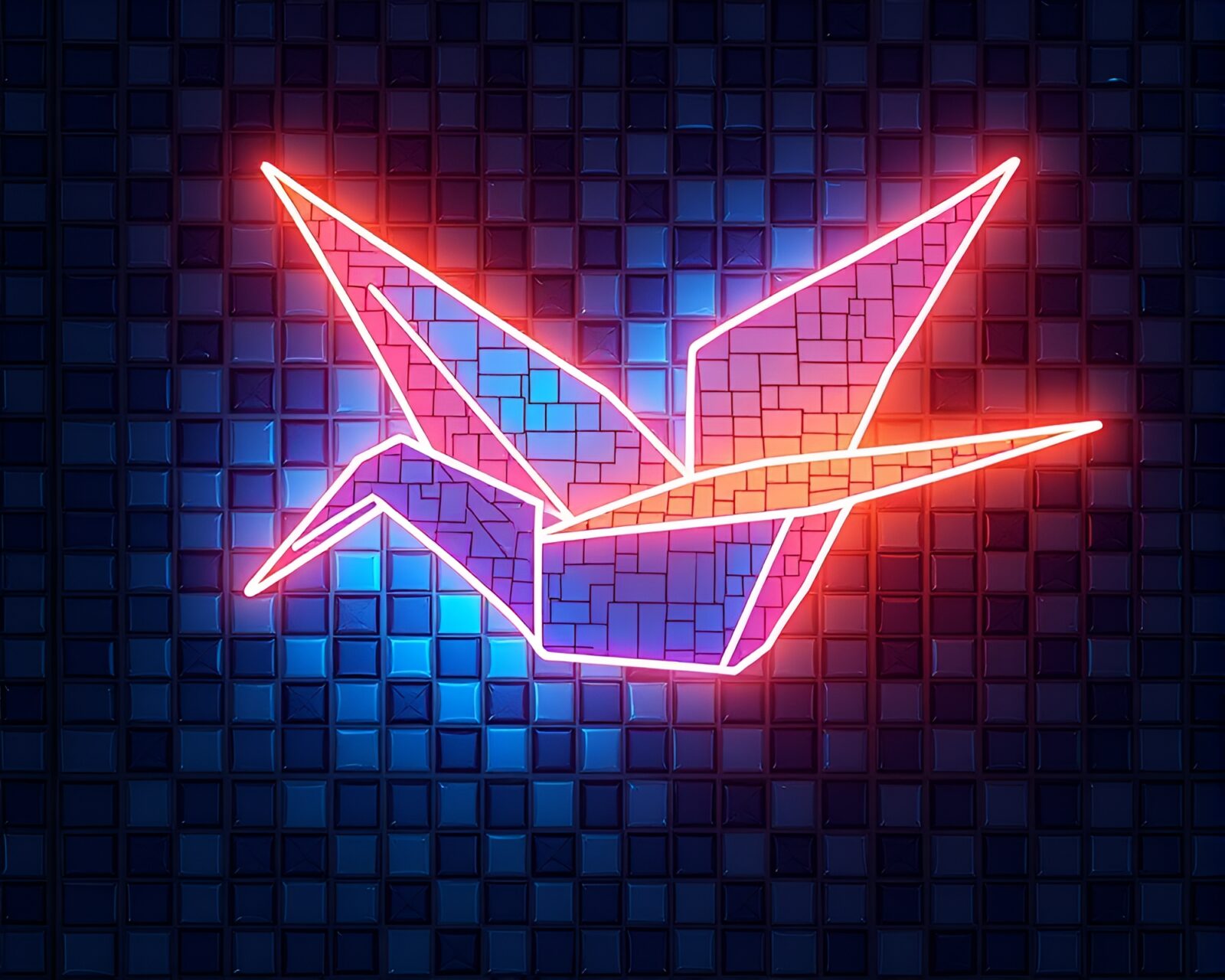 Colorful tiled mosaic of origami crane glowing in neon lights